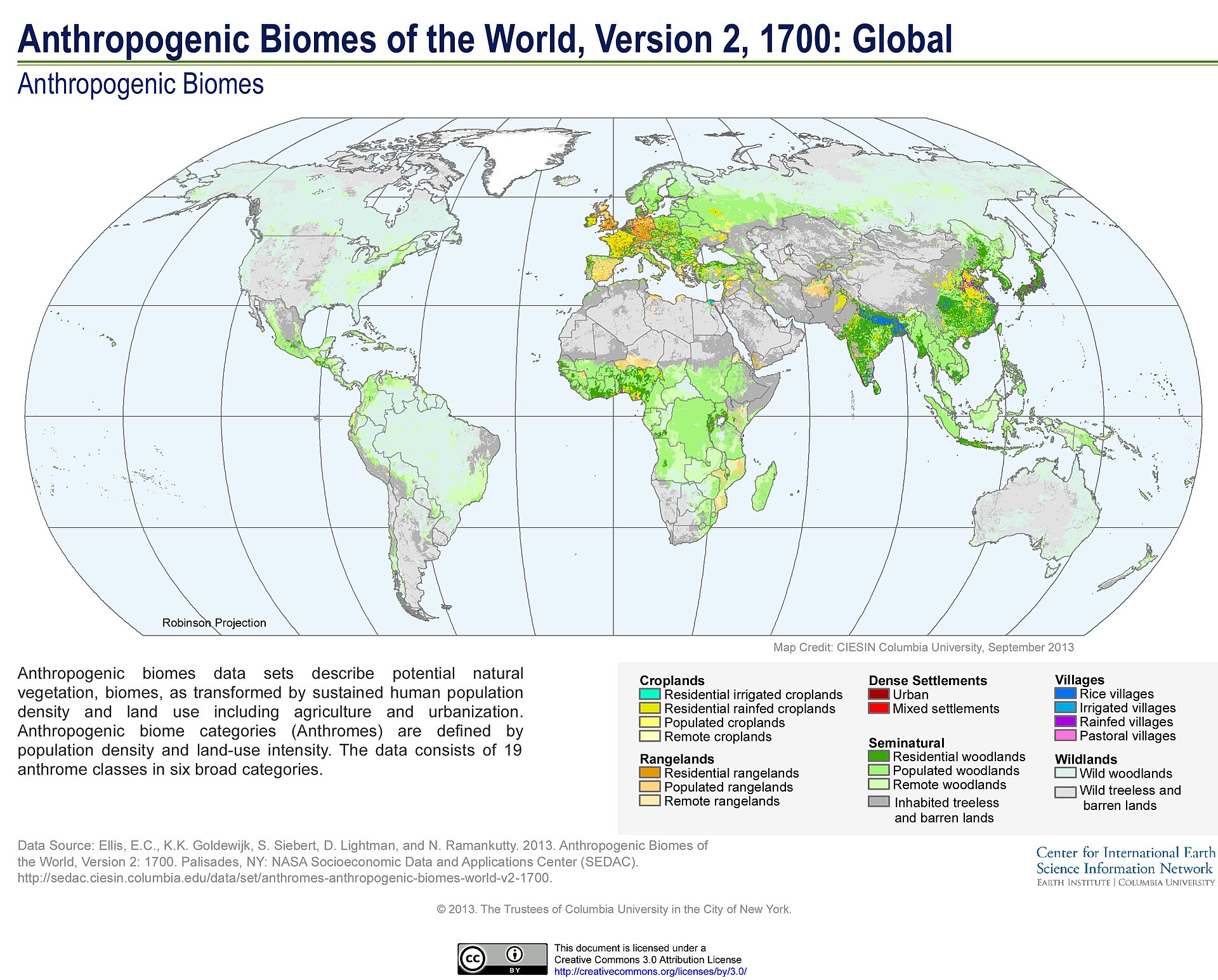 Robinson map of 1700 anthropogenic biomes: pale wild woodlands, yellow croplands, blue villages