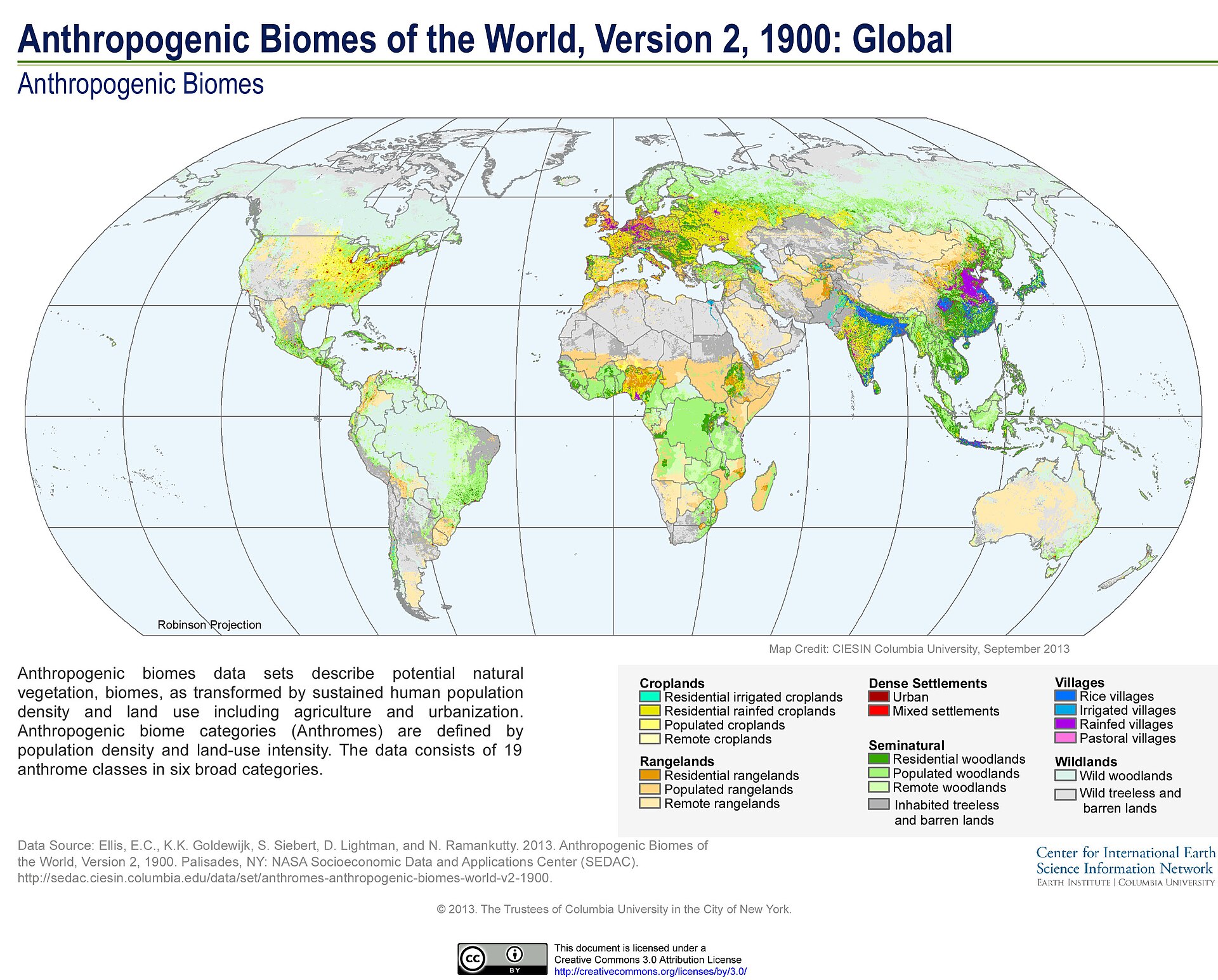 Robinson map of 1900 anthropogenic biomes with more cropland and rangeland than 1700