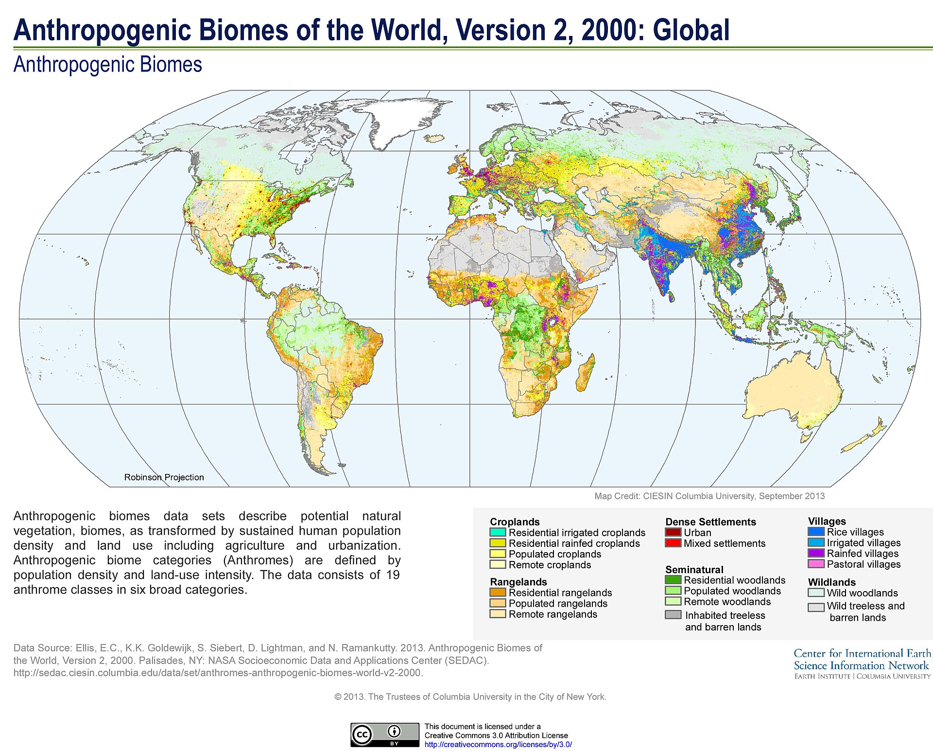 Robinson map of 2000 anthropogenic biomes: widespread cropland, rangeland, and settlements