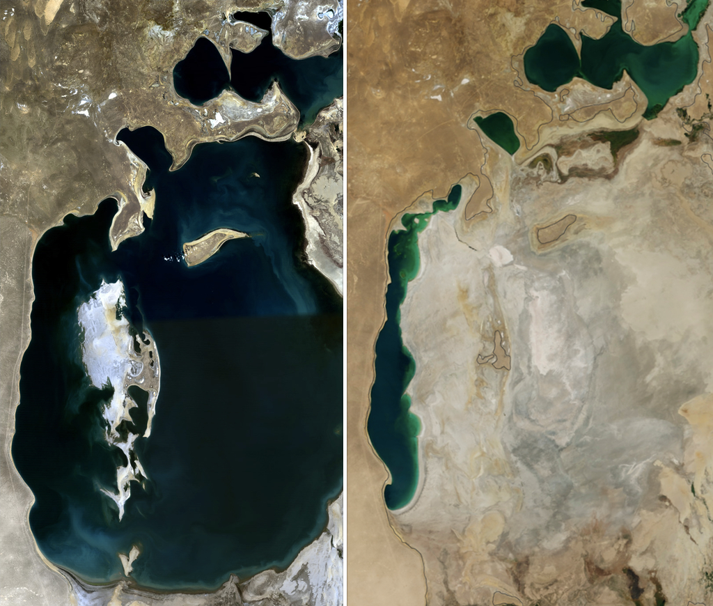NASA comparison of the Aral Sea in 1989 and 2014: documented shrinkage, not an illustration