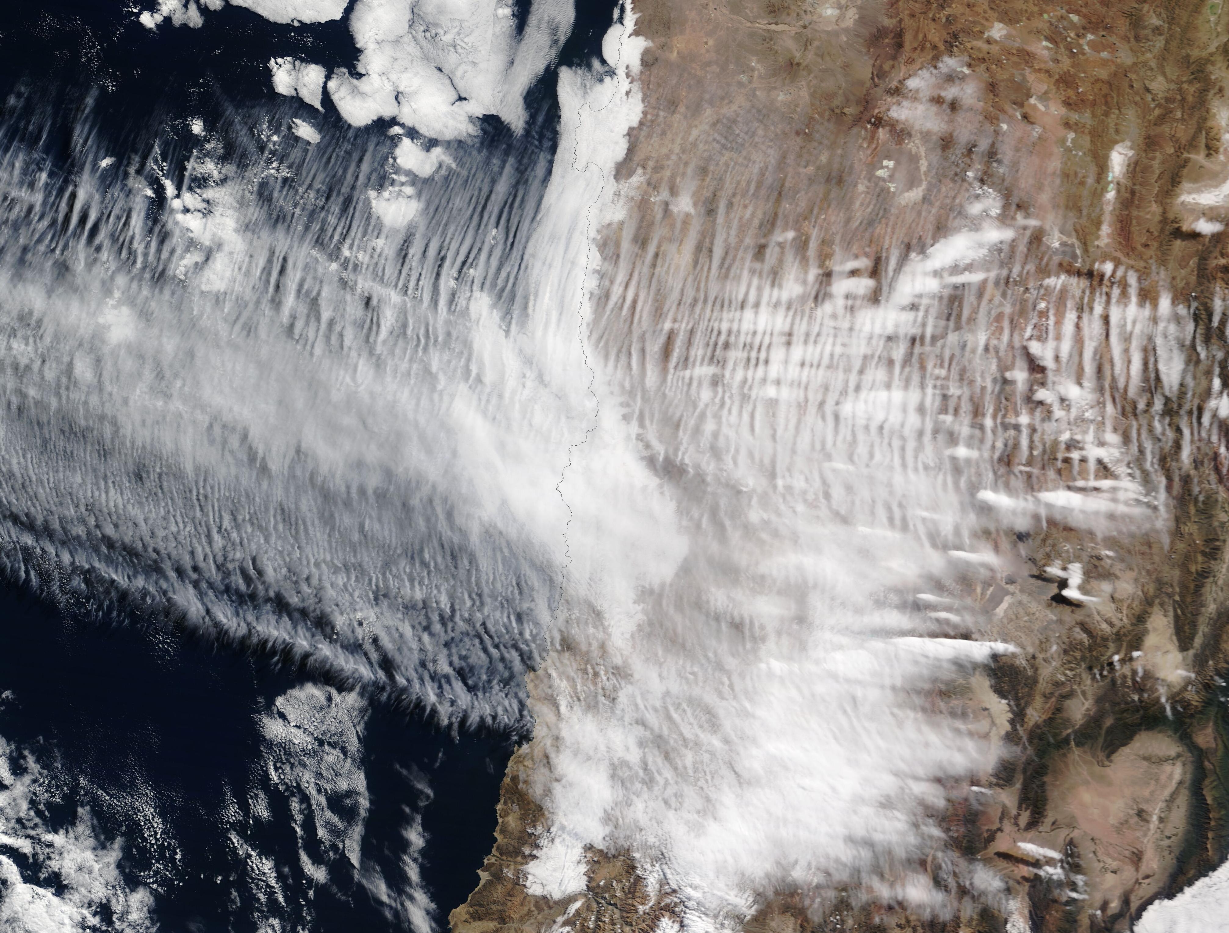 MODIS true-color image of high cirrus clouds over the Pacific and central Chile: natural ice clouds, not a cirrus-thinning experiment