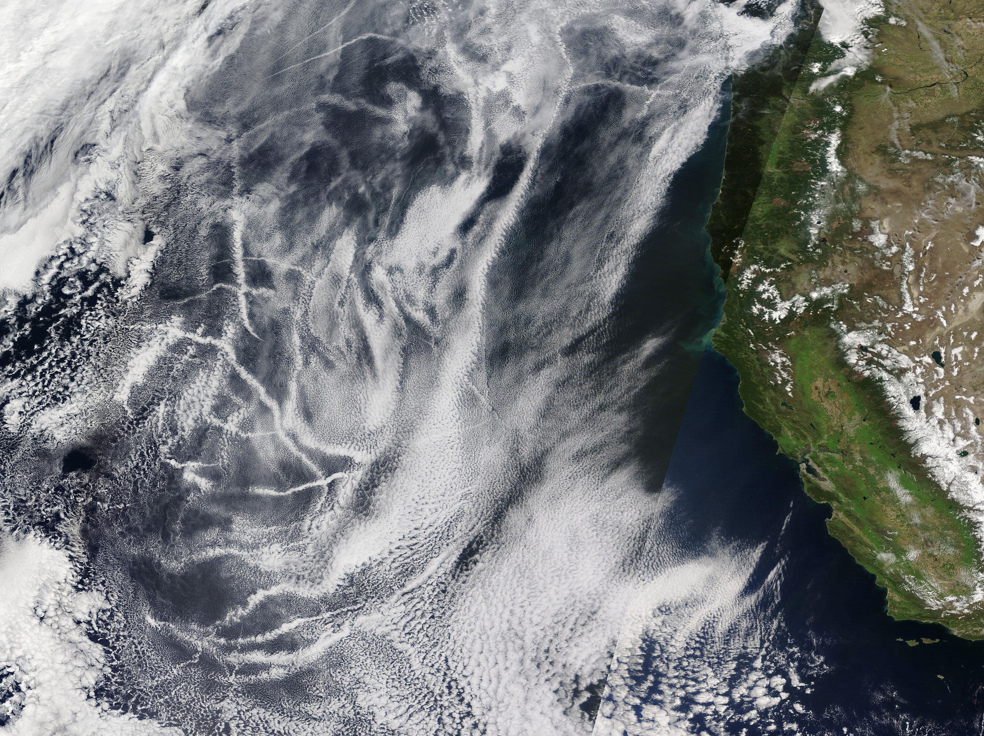 MODIS image of ship tracks in Pacific stratocumulus: pollution brightening clouds, the analogue MCB studies, not an MCB fleet