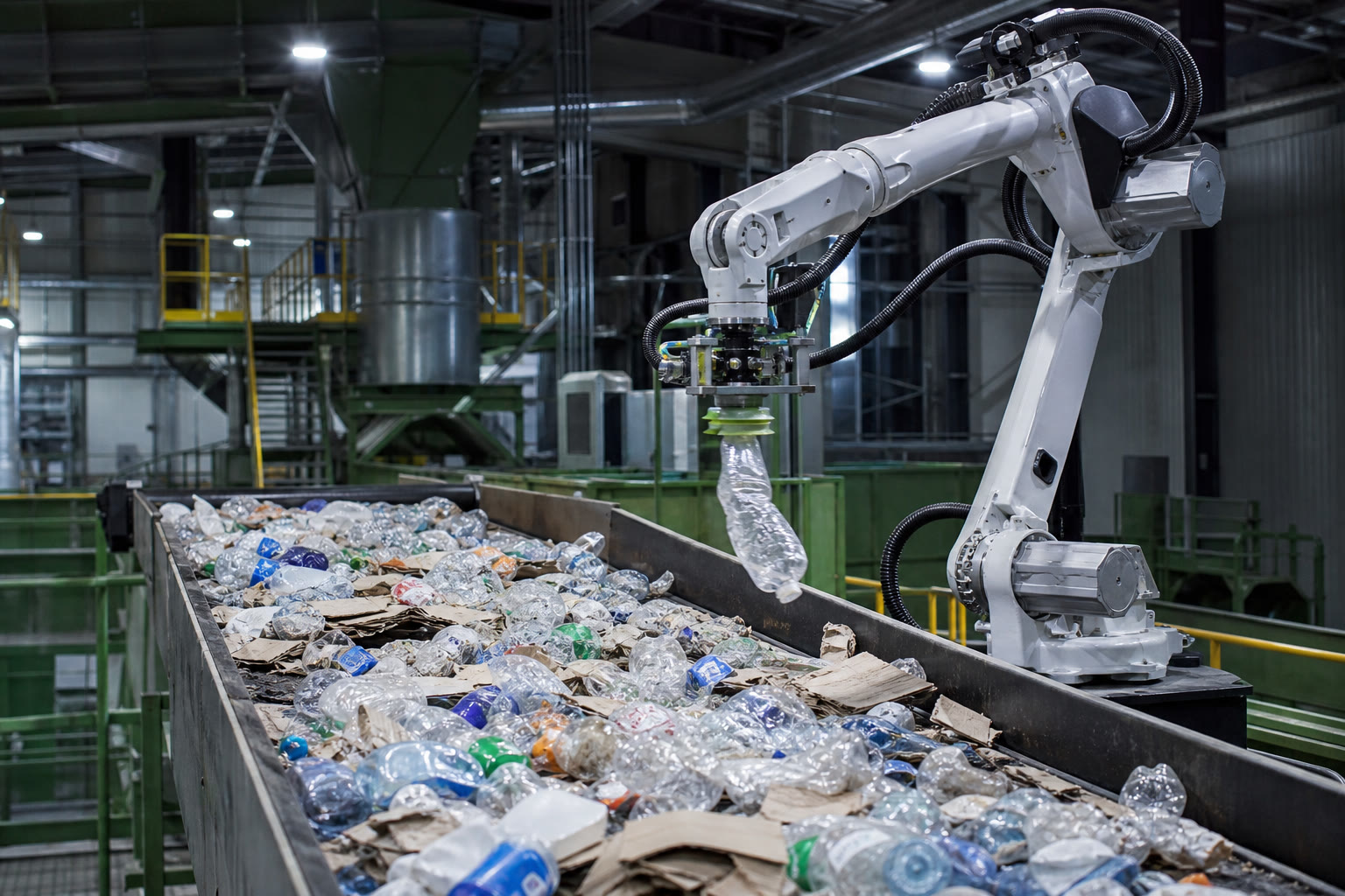 An industrial robot arm sorting a PET bottle on a recycling conveyor