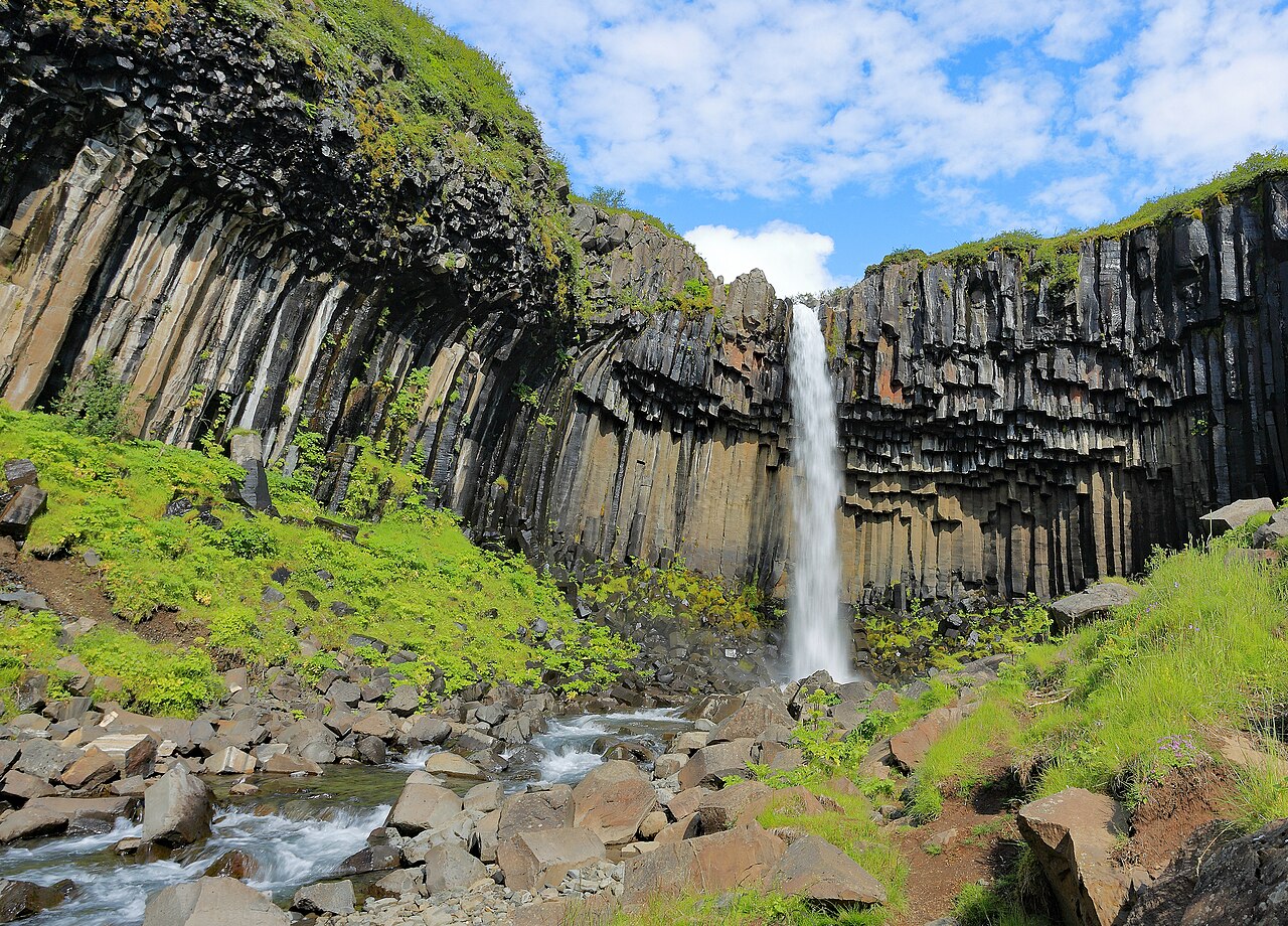 Columnar basalt at Svartifoss, Iceland — the rock chemistry Carbfix uses to mineralize carbon