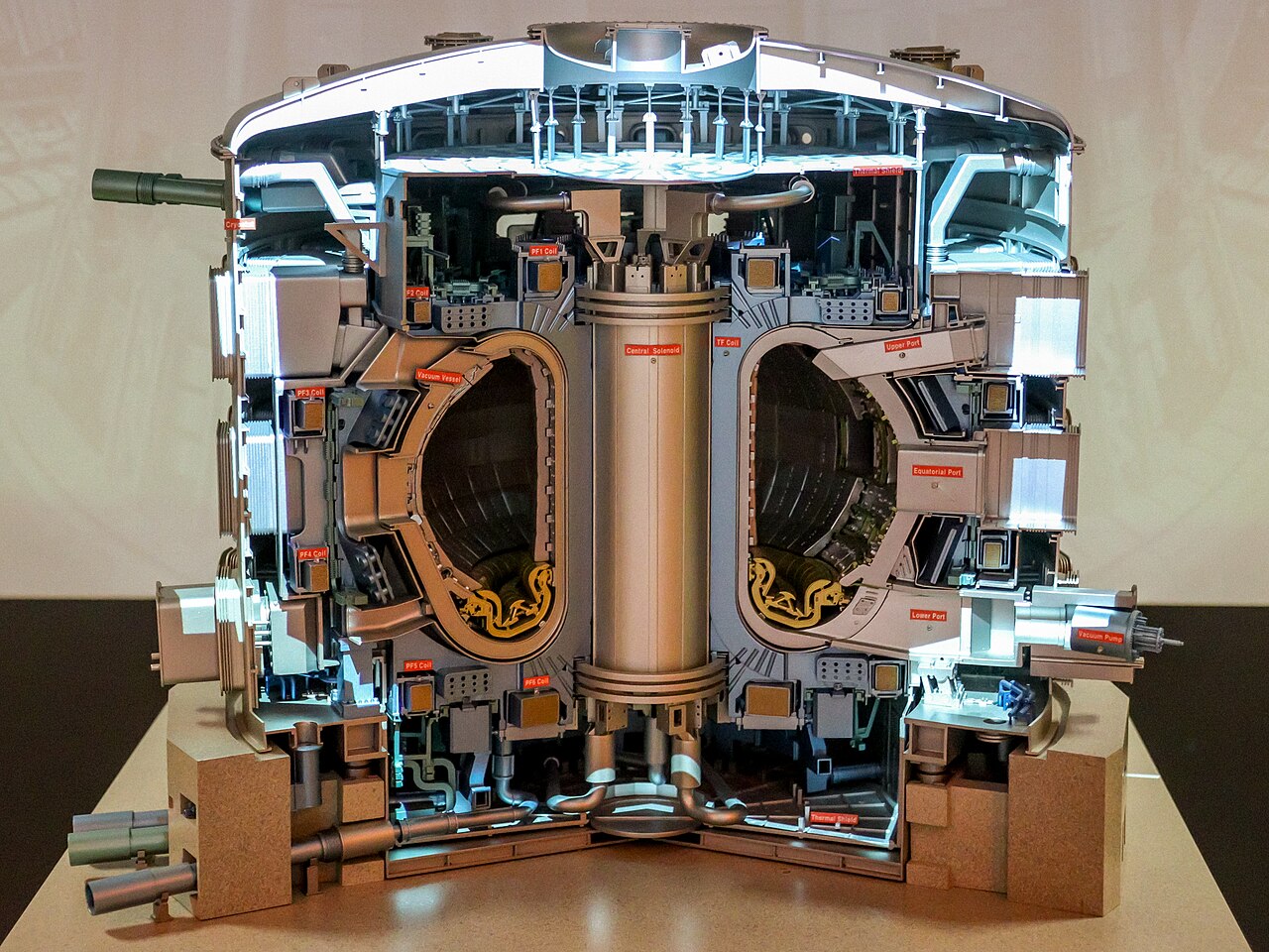 A cutaway tokamak mock-up of the same family as the international fusion experiment