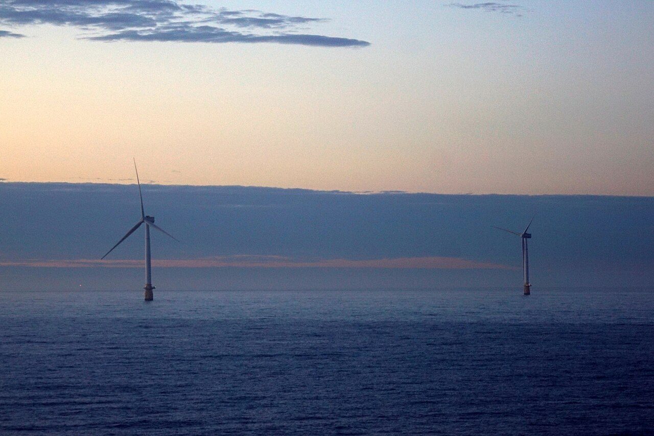 Two floating wind turbines of the Hywind Scotland wind farm in the North Sea off Peterhead, Scotland.