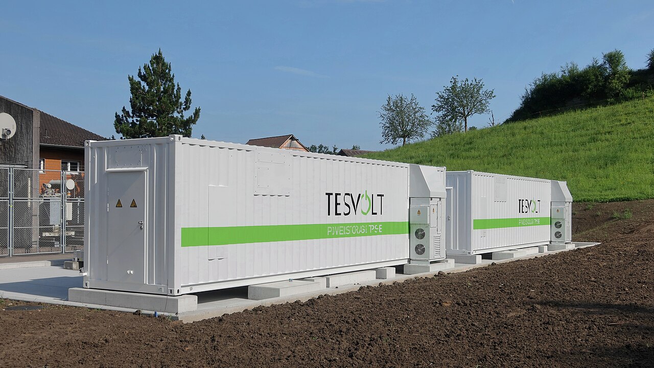 Containerized battery cabinets at a grid-storage site used for long-duration storage
