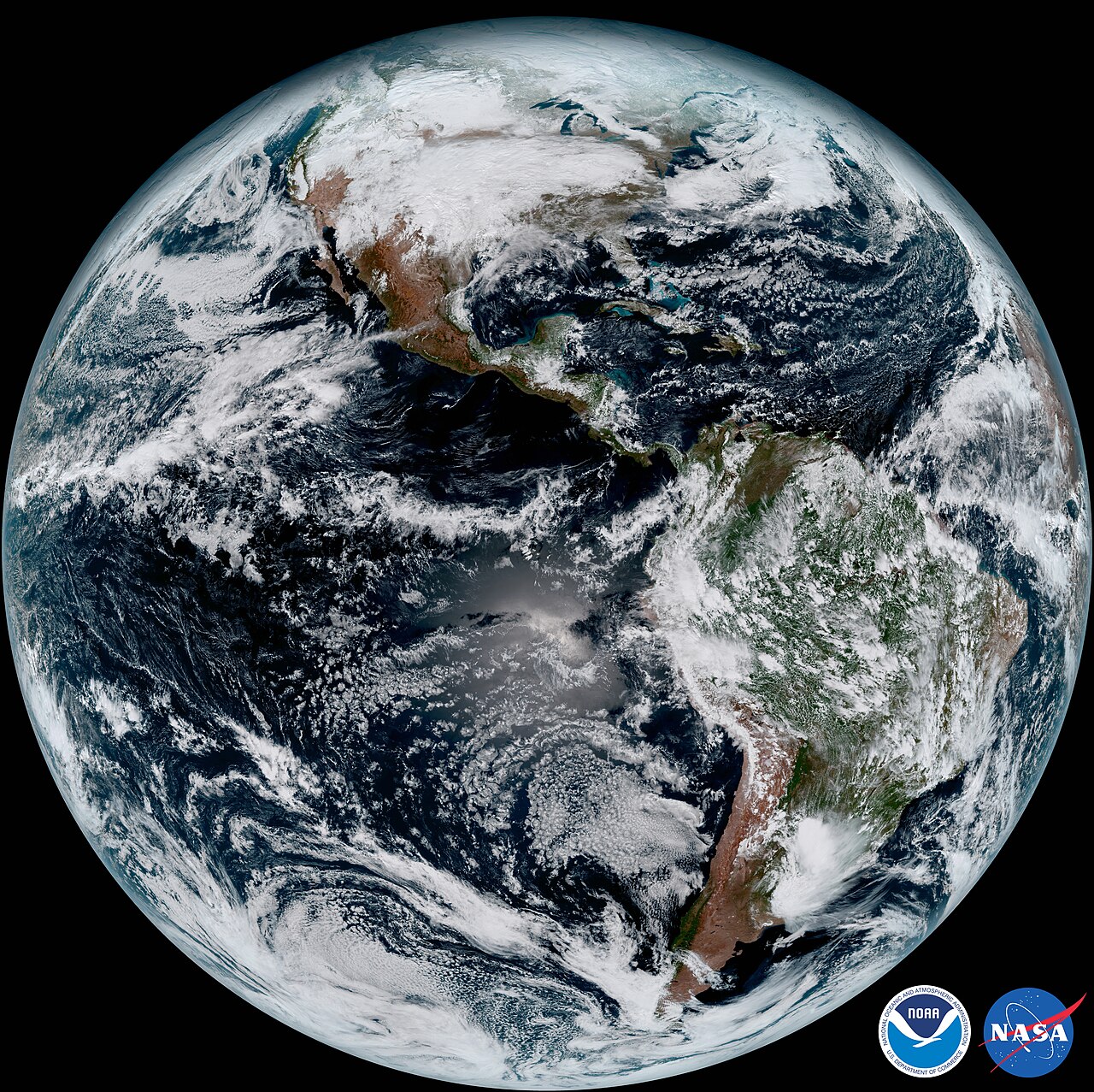 GOES-16 full-disk image of Earth — the observations AI weather models train and run on