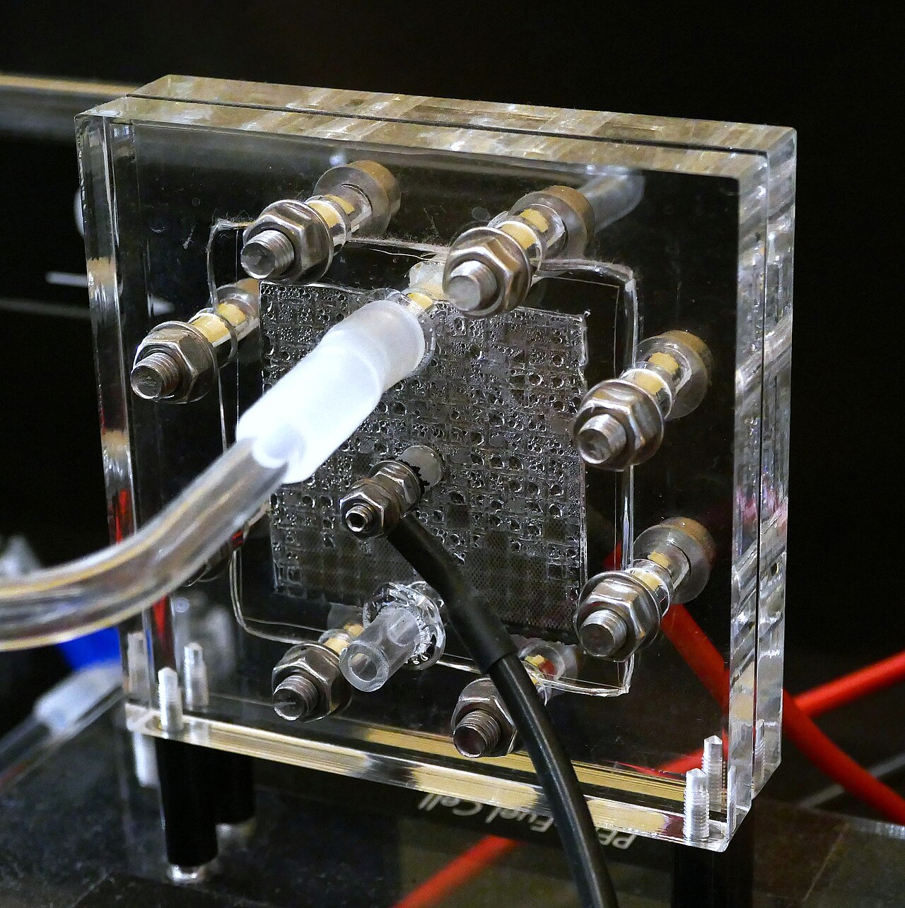 A PEM fuel-cell / electrolyzer stack — the hardware whose catalyst layers nanotechnology tries to thin