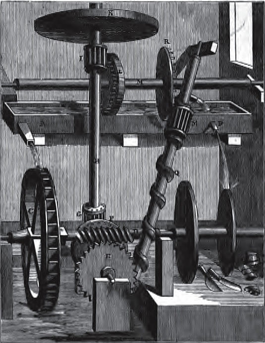 Historical engraving of a water-screw perpetual-motion scheme — a closed cycle that cannot feed itself