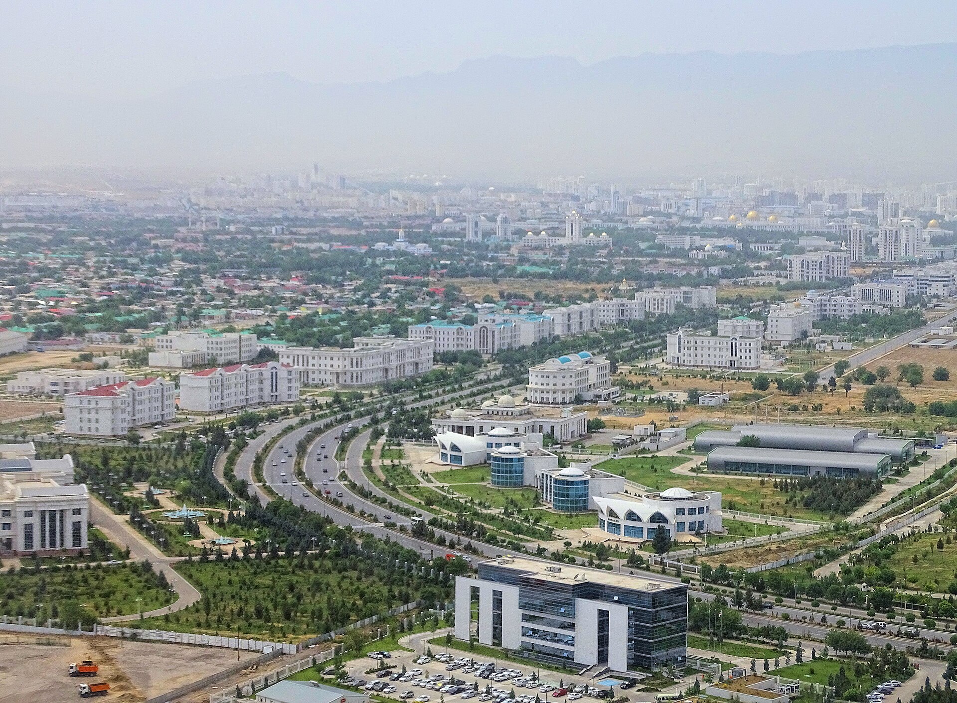 A landscaped avenue in Ashgabat: civic greenery of the kind the 1992 decree tries to organise, not a photograph of that year’s planting month