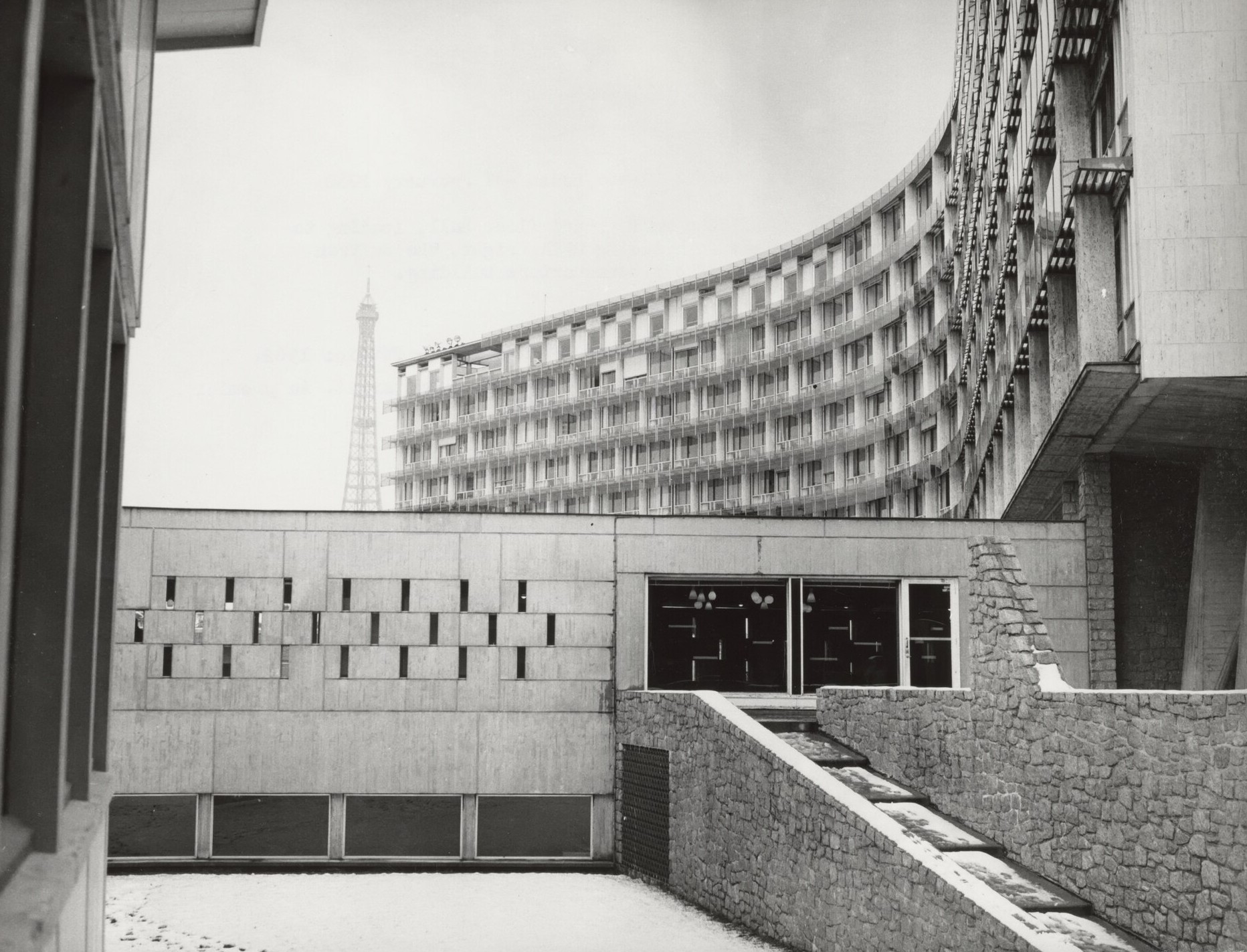 UNESCO headquarters in Paris in February 1962, with the Eiffel Tower in the distance.