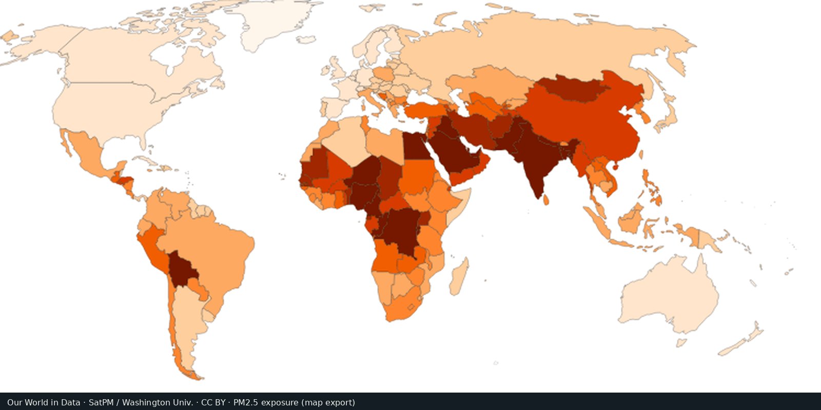 Our World in Data choropleth of outdoor PM2.5: pale countries with a dark brown band across North Africa, the Middle East, and South and East Asia