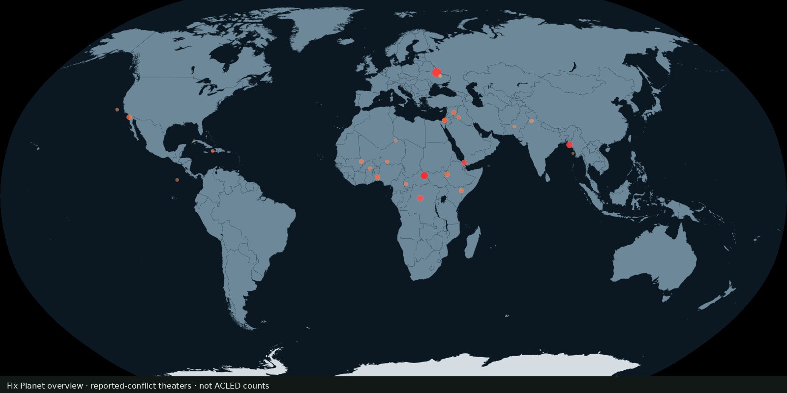 Dark world map with red and orange dots clustered in well-known conflict-reporting regions, labeled as a Fix Planet overview
