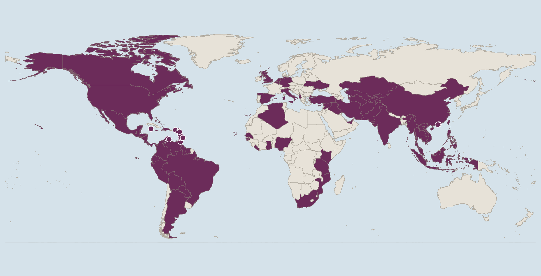 World map with major money-laundering jurisdictions named by the US State Department for 2024 in purple, other countries in beige, and small territories as dots