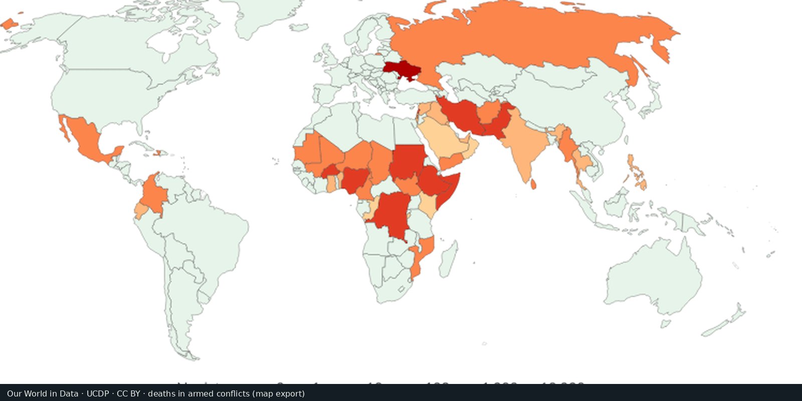 Our World in Data world map of deaths in armed conflicts: pale land with Ukraine and several African and Asian countries in orange and red