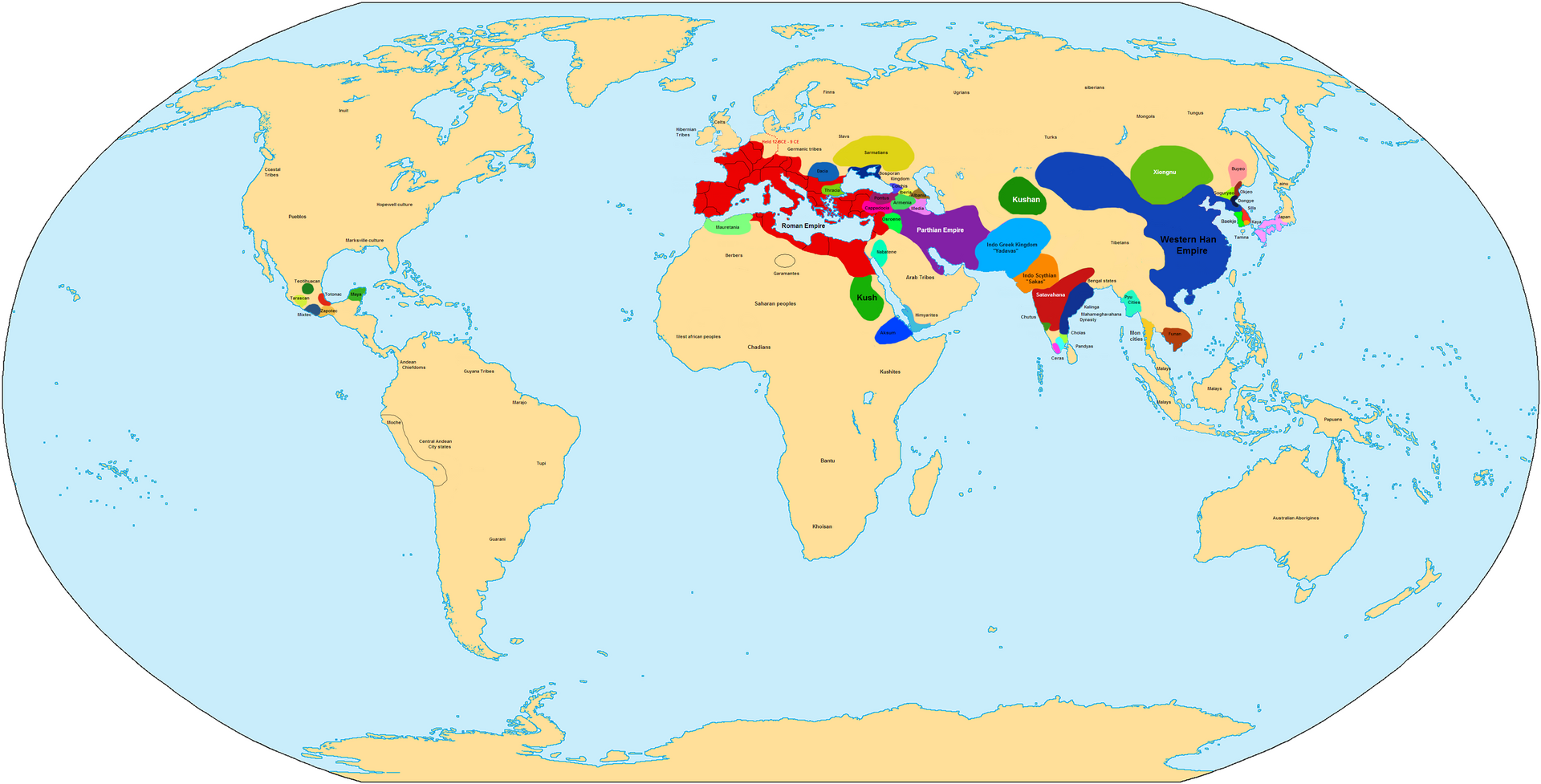 Reconstructed world political map for 1 CE, public-domain Wikimedia sheet