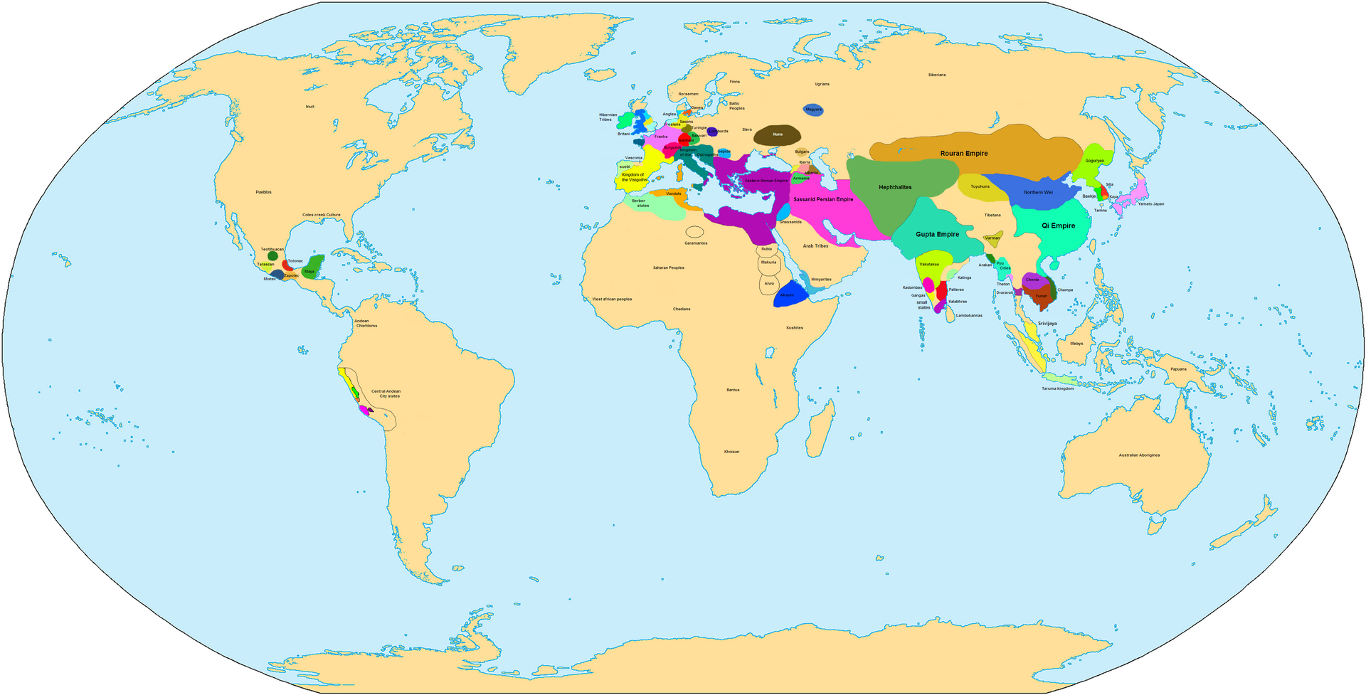 Reconstructed world political map for 500 CE