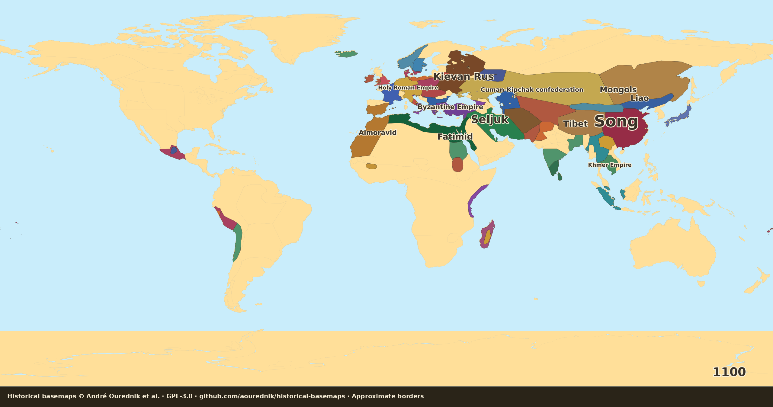 Schematic political map of the world in 1100