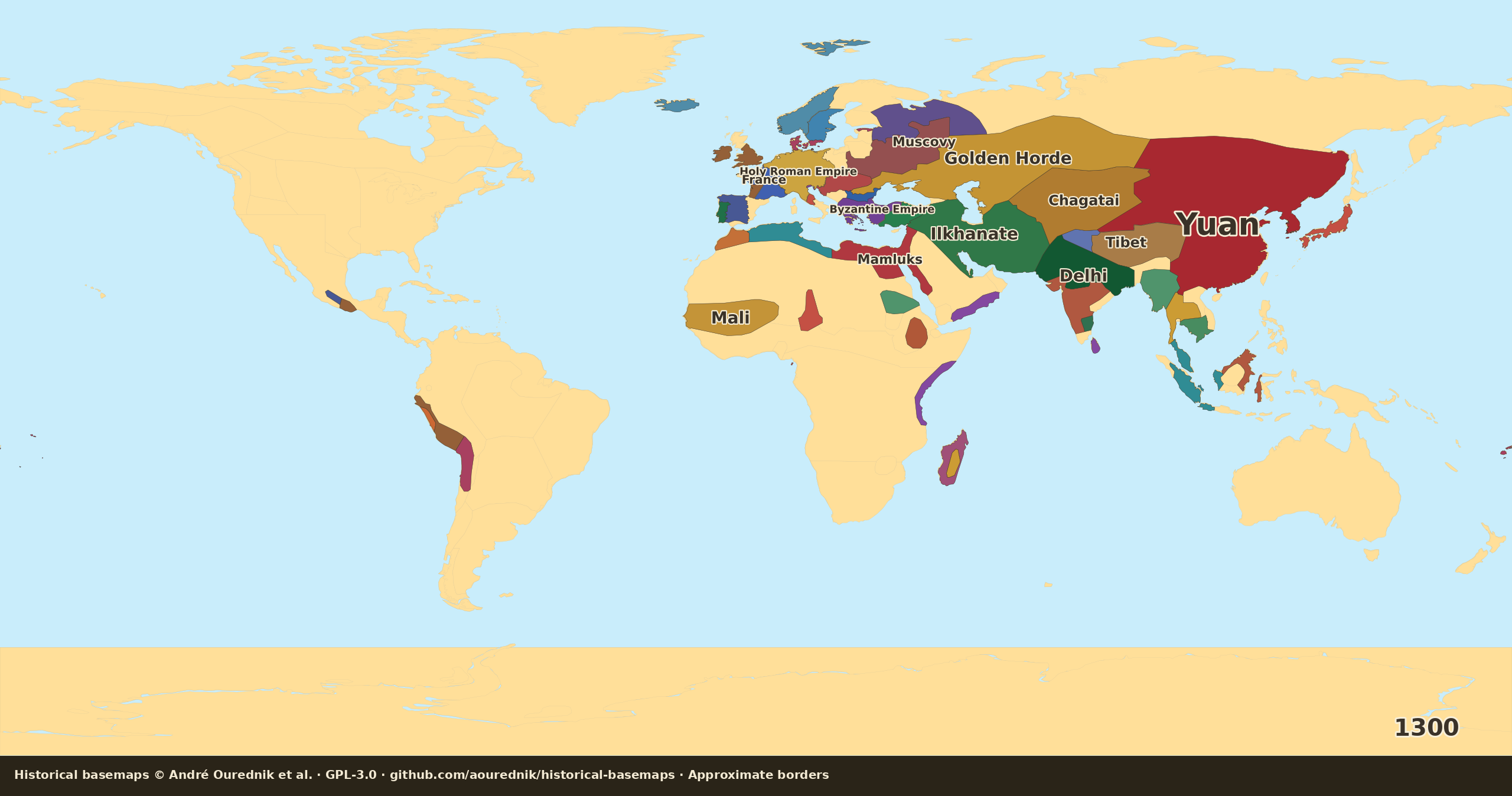 Schematic political map of the world in 1300