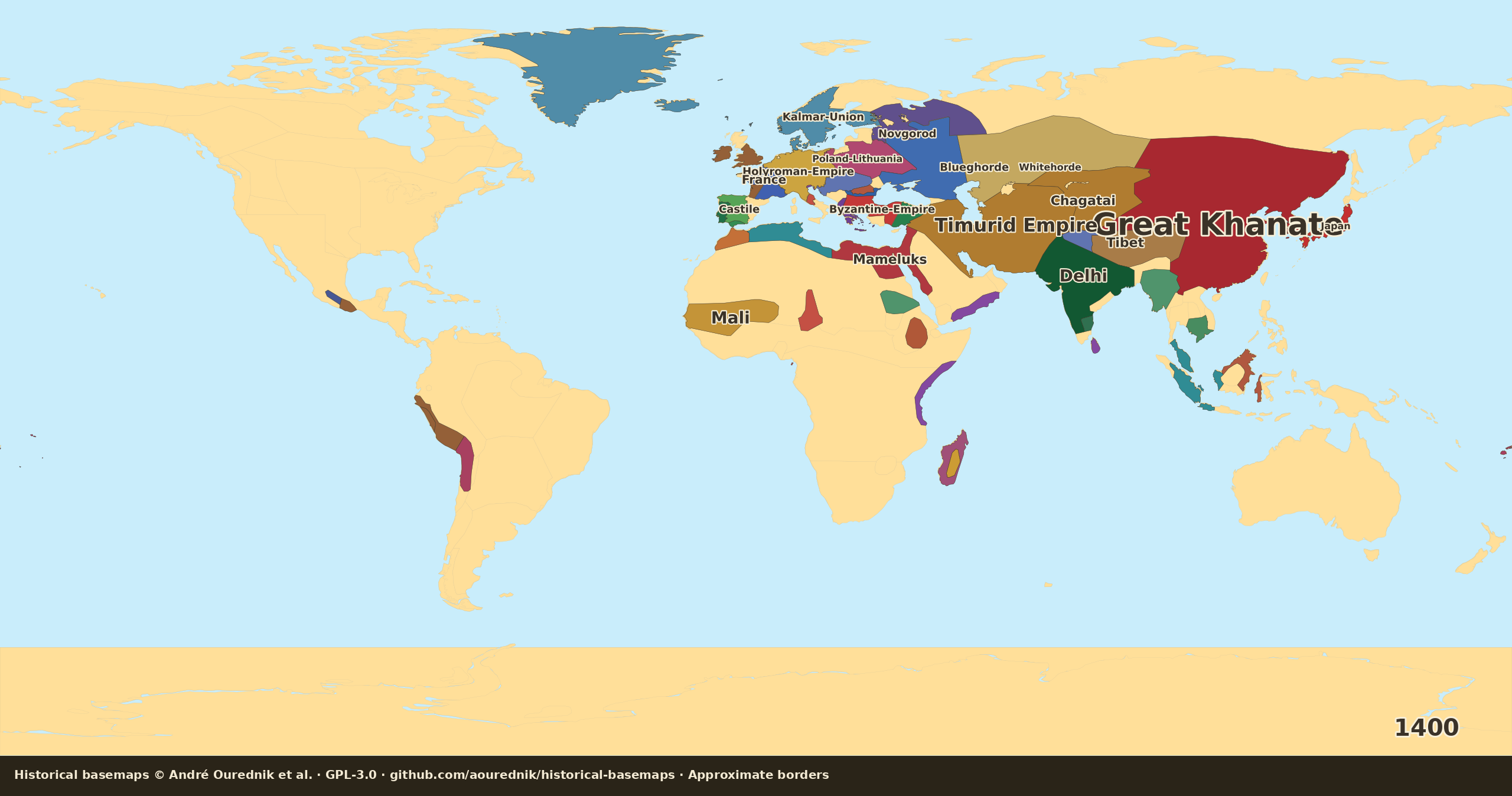 Schematic political map of the world in 1400