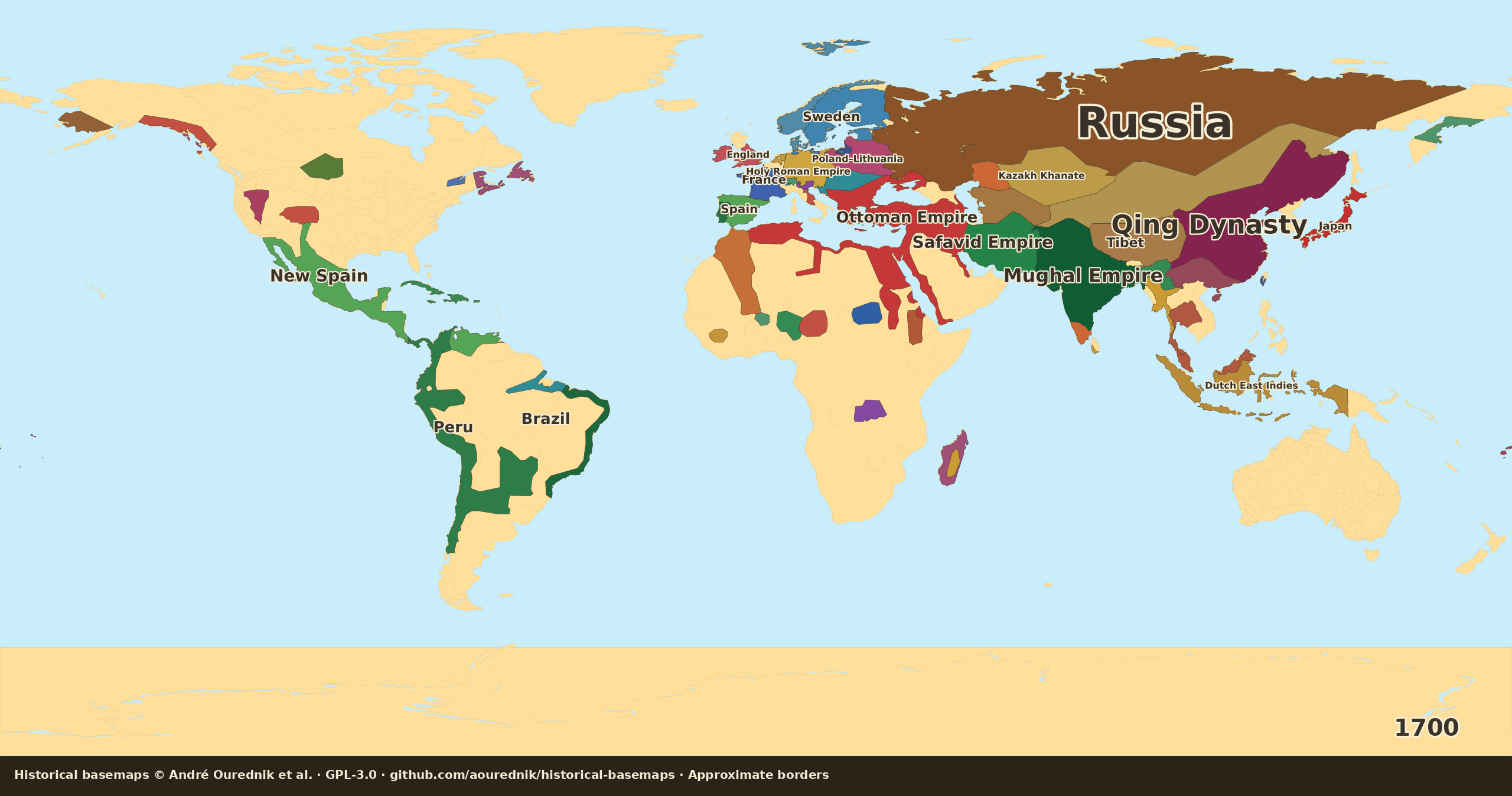 Schematic political map of the world in 1700