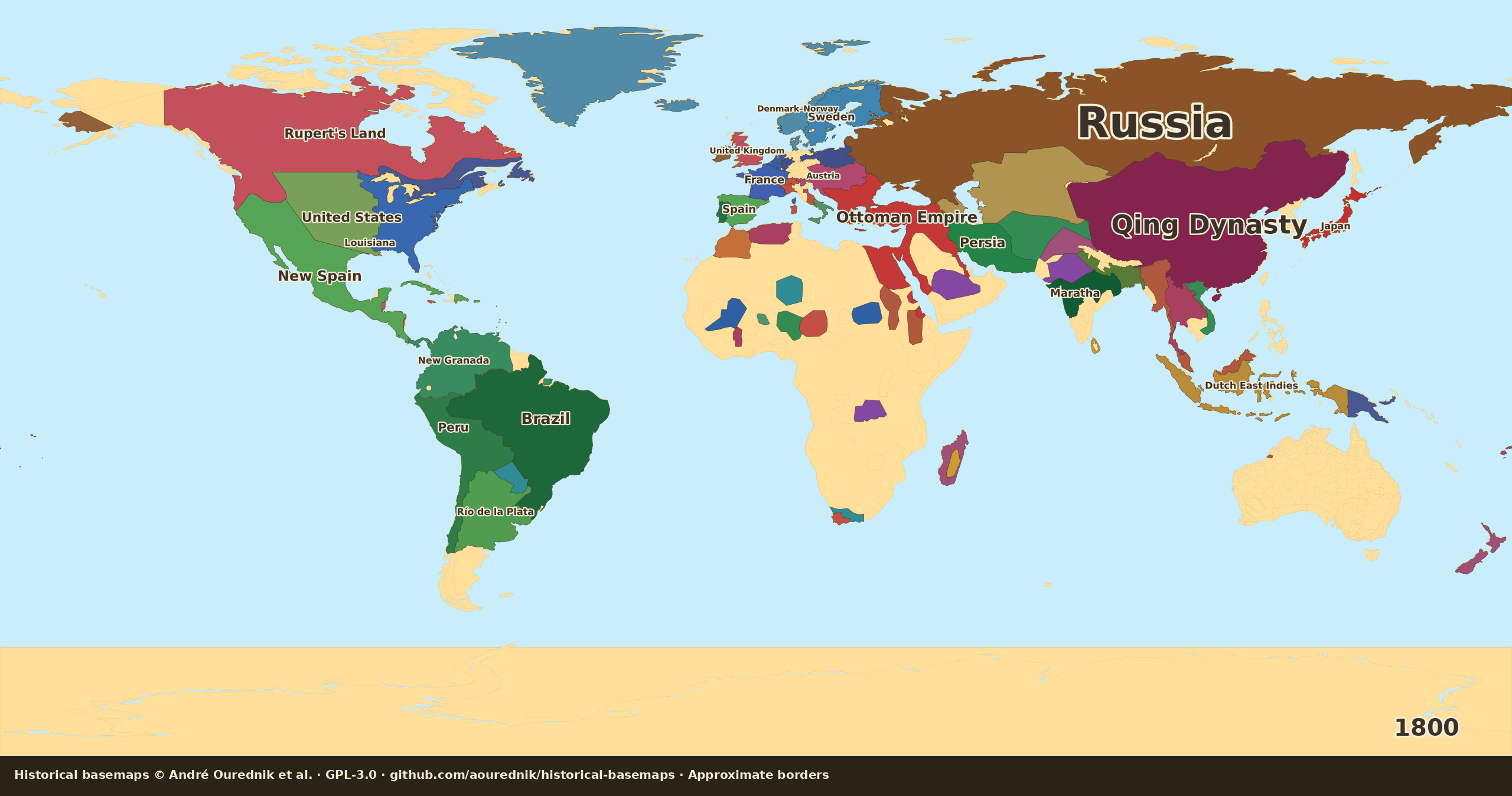 Schematic political map of the world in 1800