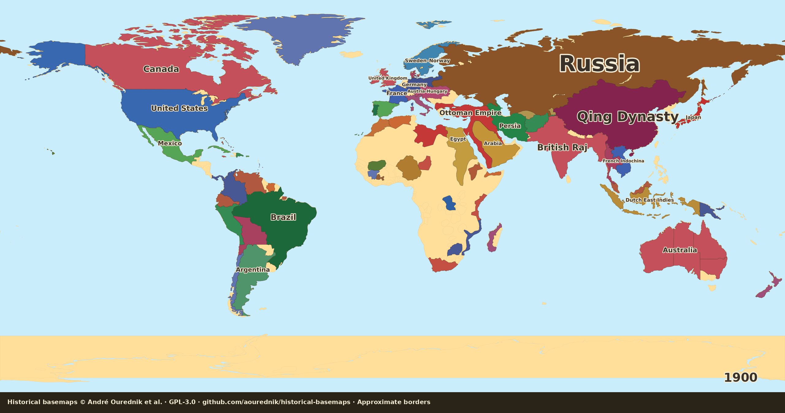 Schematic political map of the world in 1900