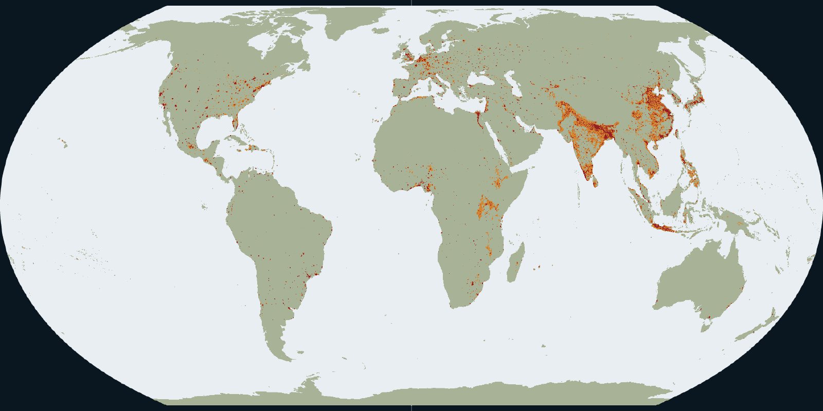 Equal Earth map of GHSL settlement classes for 2020: red urban centres, orange towns, olive rural land