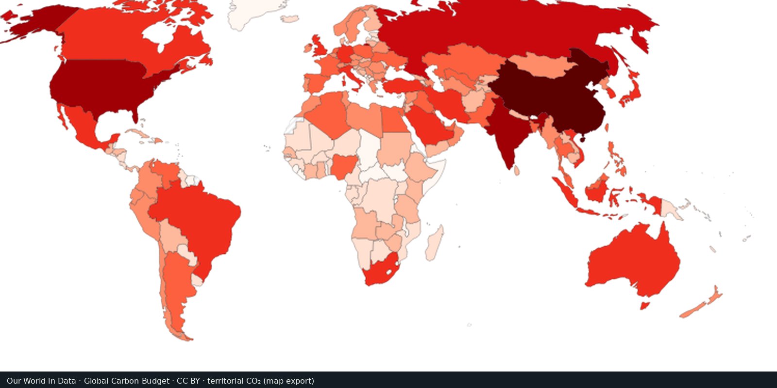 Our World in Data choropleth of territorial CO₂: China and the United States in the darkest red, other large economies in medium red