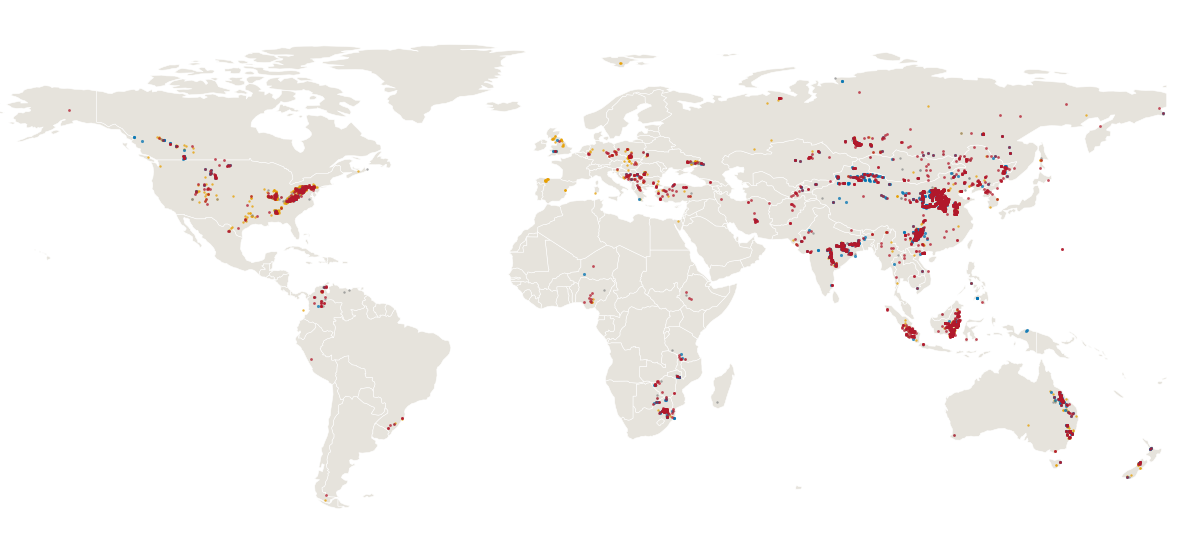 World map of coal mines as colored dots on pale land: red operating, blue proposed, grey shelved or mothballed, orange closed or cancelled