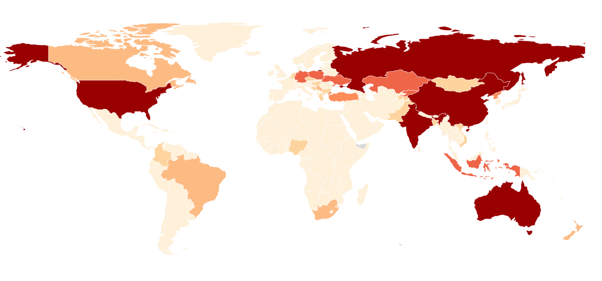 World map of proved coal reserves in 2023, pale beige for small or no reserves and dark red for the largest totals, grey where data are missing