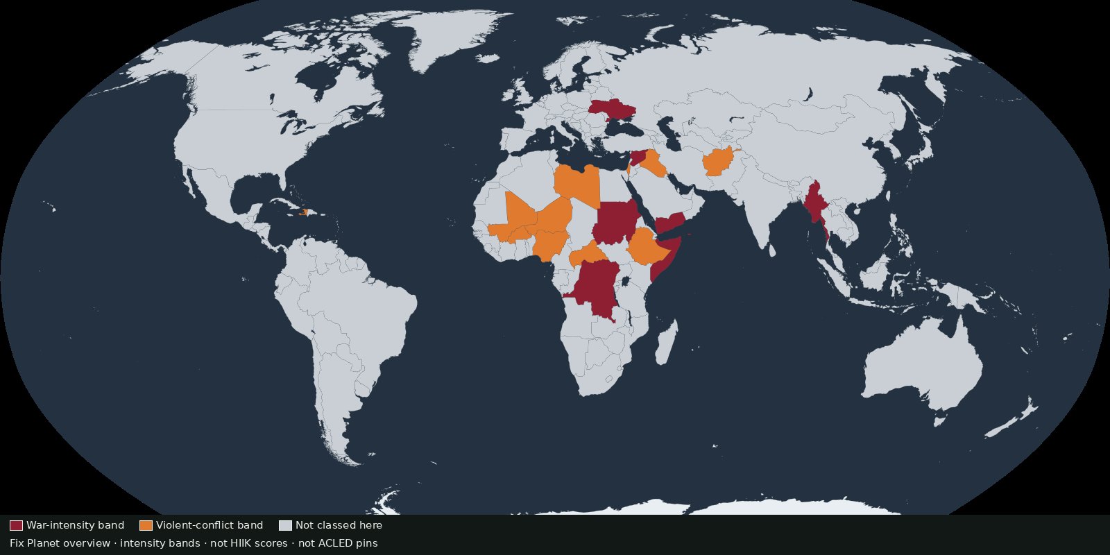 Fix Planet overview of conflict-intensity bands: deep red for a war-intensity orientation, orange for other violent-conflict orientation, and grey land left unclassified: not HIIK cover art and not ACLED pins
