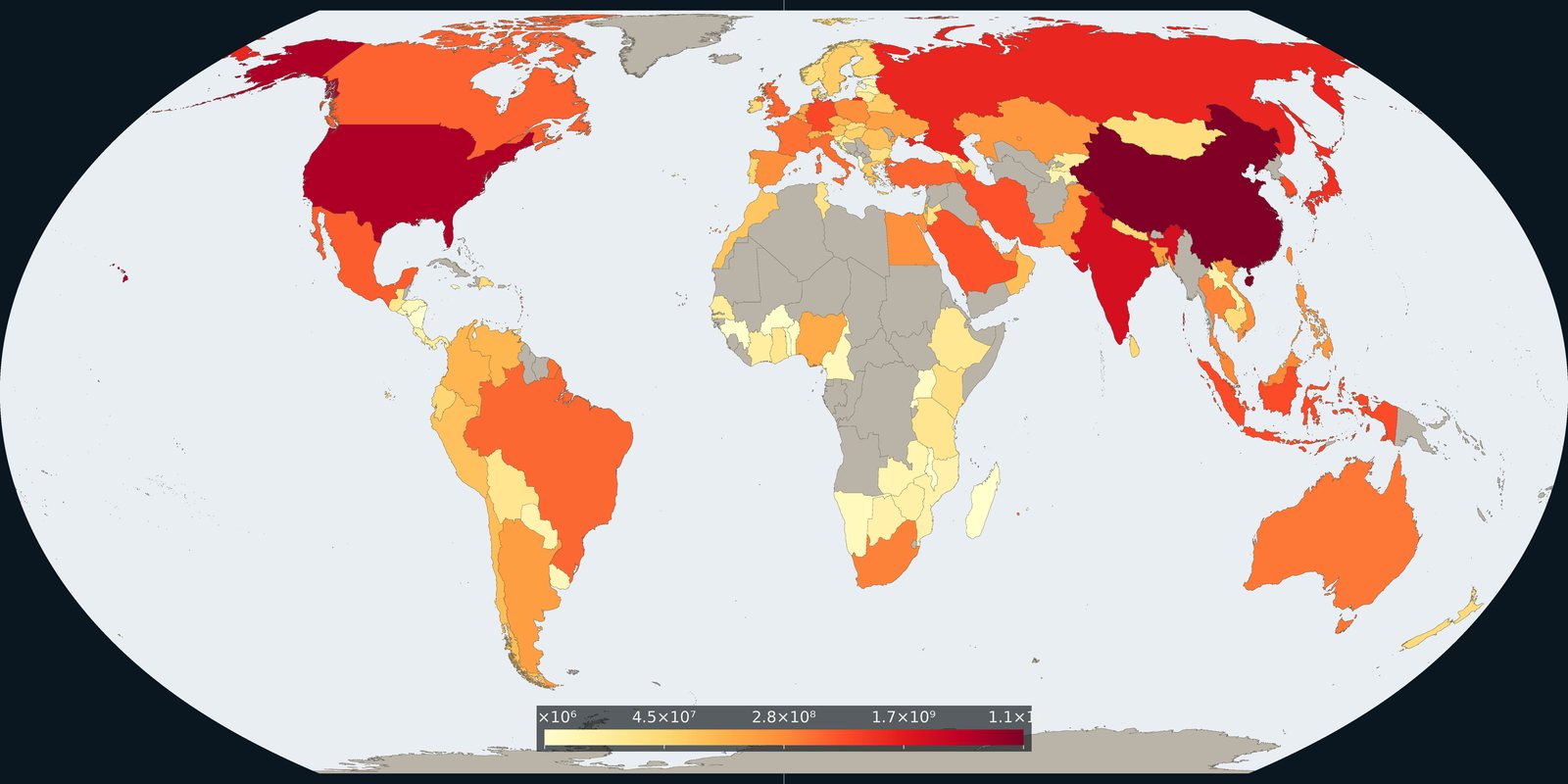 Fix Planet overview choropleth of consumption-based CO₂: slate-blue countries in a higher-footprint orientation, other land left unclassed: not a territorial CO₂ map and not an OWID export