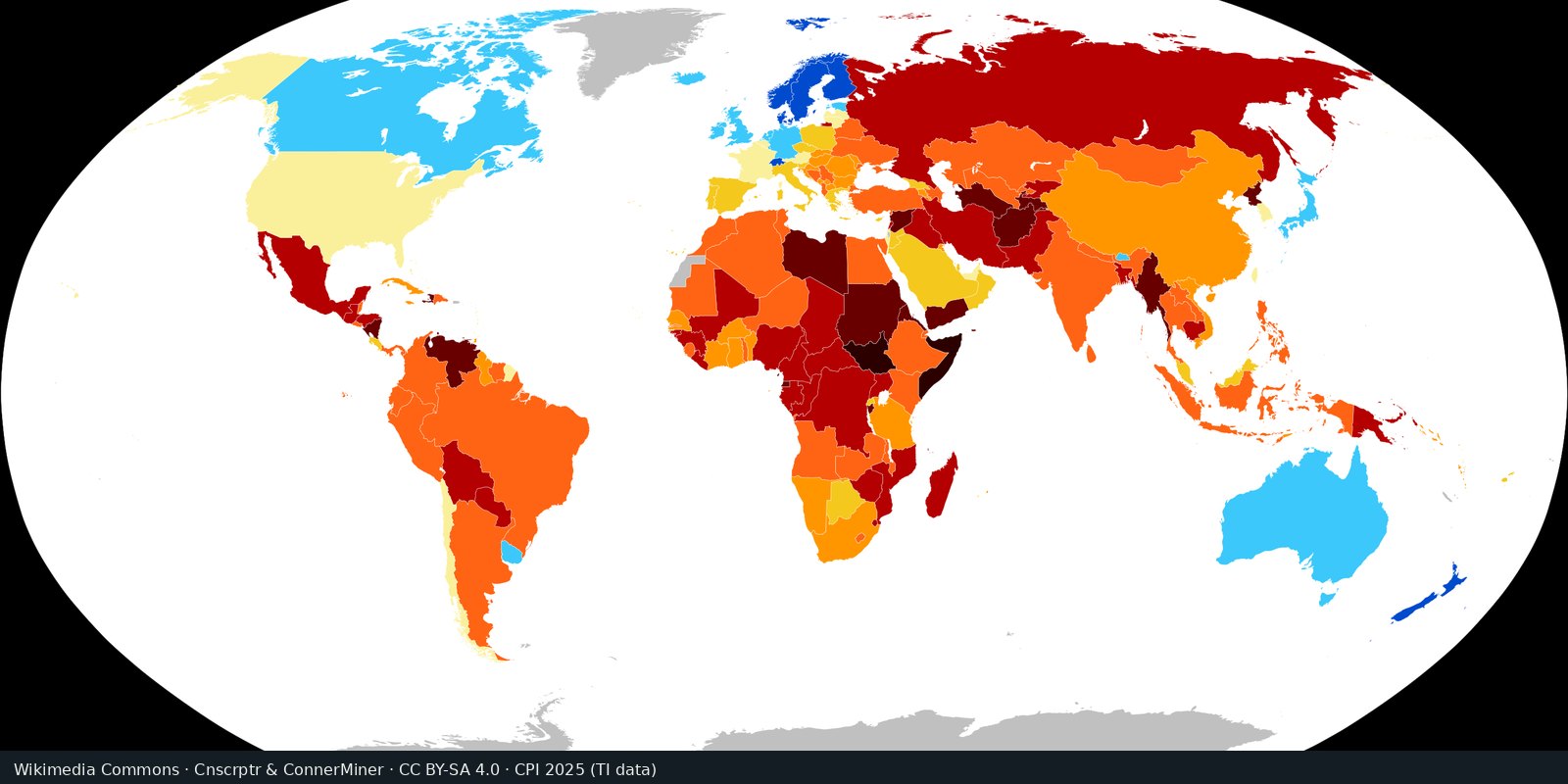 World choropleth of Corruption Perceptions Index 2025 scores: cooler greens where perceived public-sector corruption is lower, warmer reds where it is higher, not a homicide map