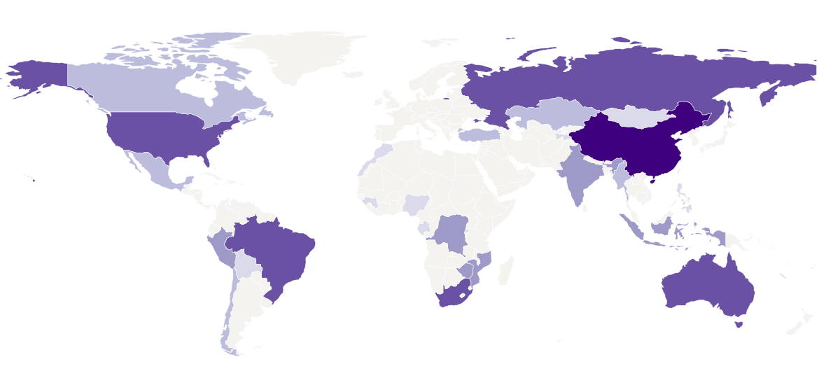 World map of countries that mined at least 5% of world output of selected minerals in 2023, pale lilac for one mineral and deep purple for the most