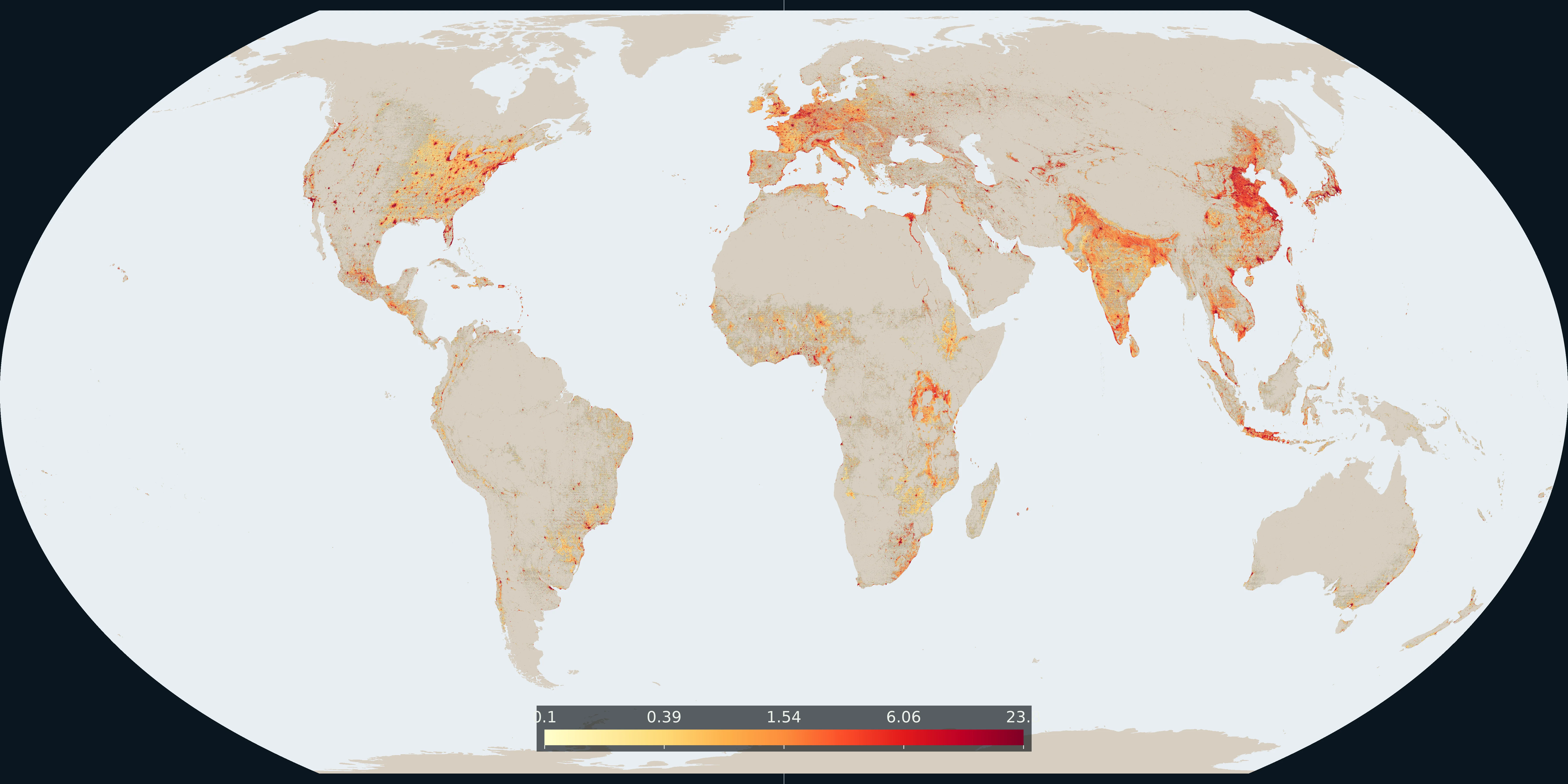 Equal Earth map of the percent of each 0.02° cell that is built-up surface in 2020, yellow to red, with a numeric colour bar