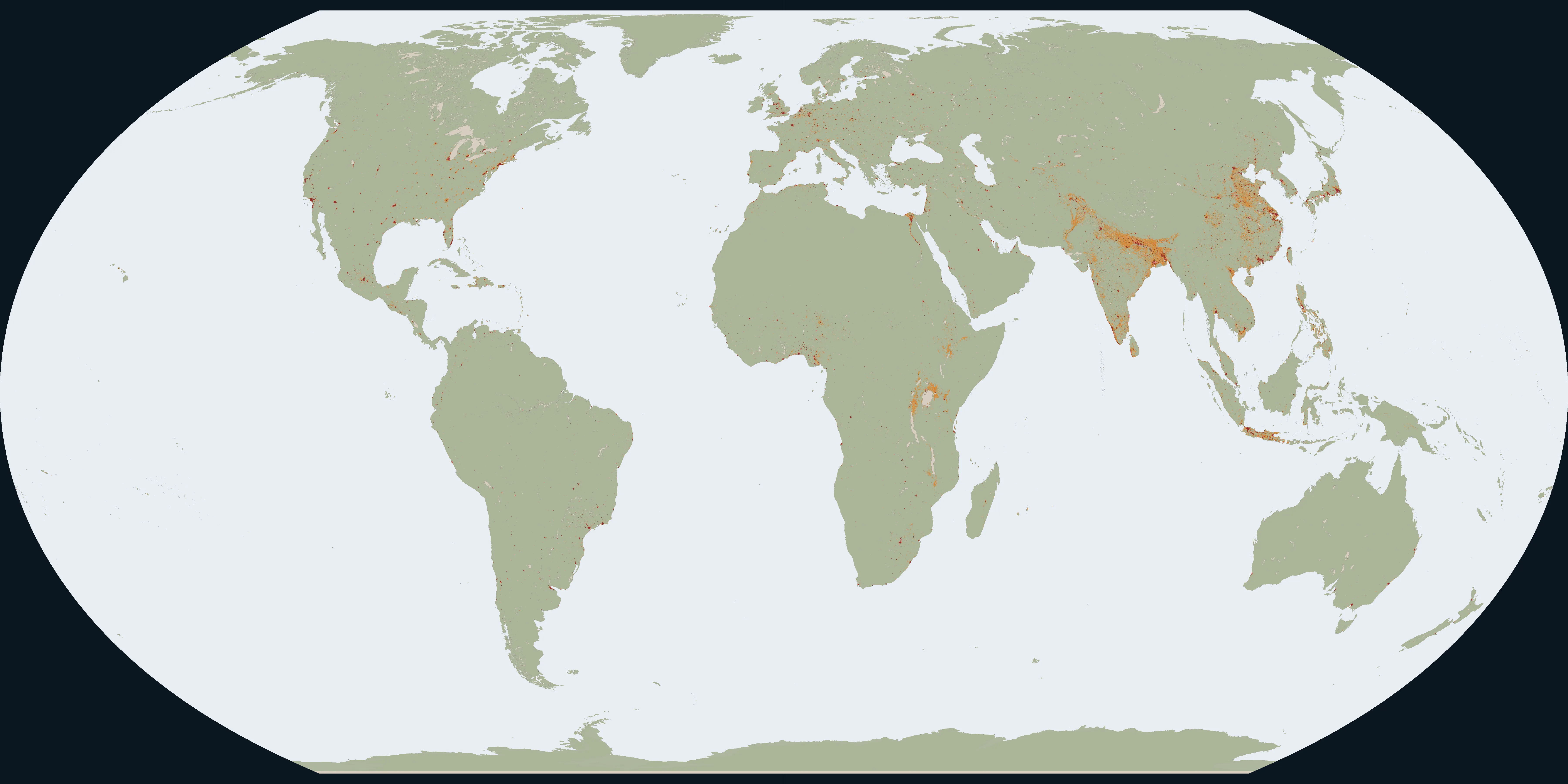 Equal Earth map of GHSL settlement classes for 2020: red urban centres, orange towns, olive rural land