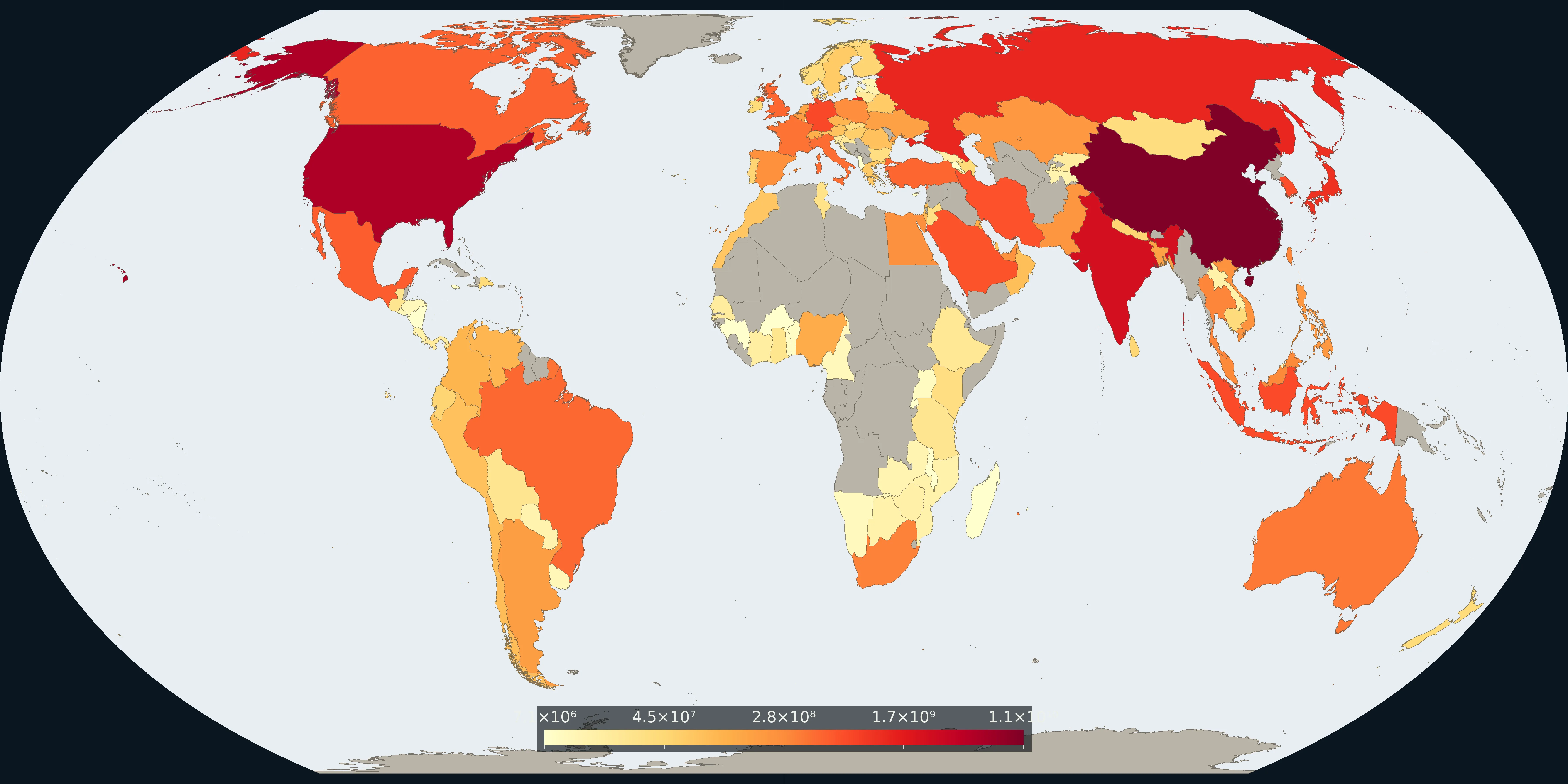 Fix Planet overview choropleth of consumption-based CO₂: slate-blue countries in a higher-footprint orientation, other land left unclassed: not a territorial CO₂ map and not an OWID export