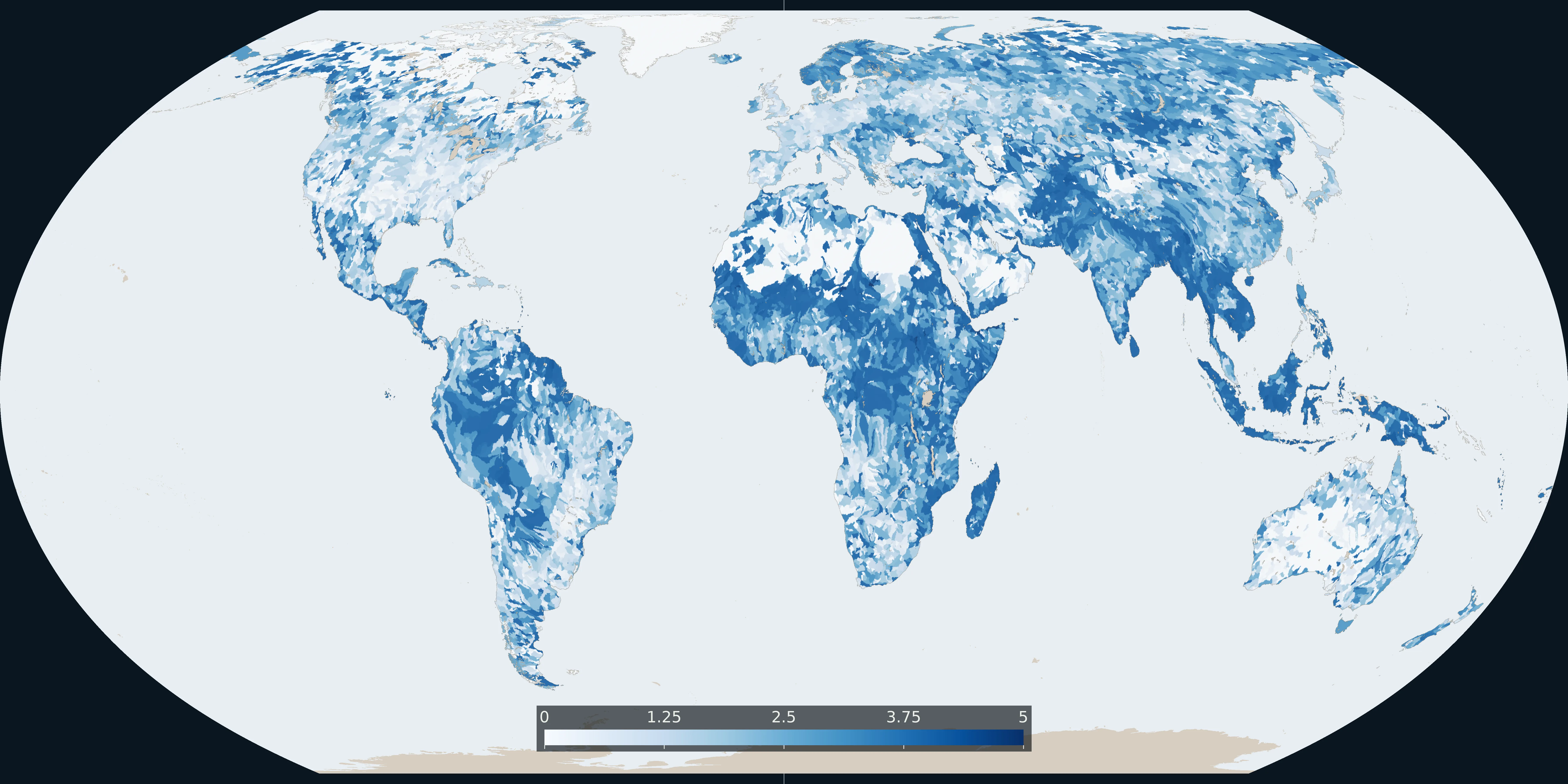 World map of Aqueduct 4.0 riverine flood risk scores, darker blue where the baseline score is higher