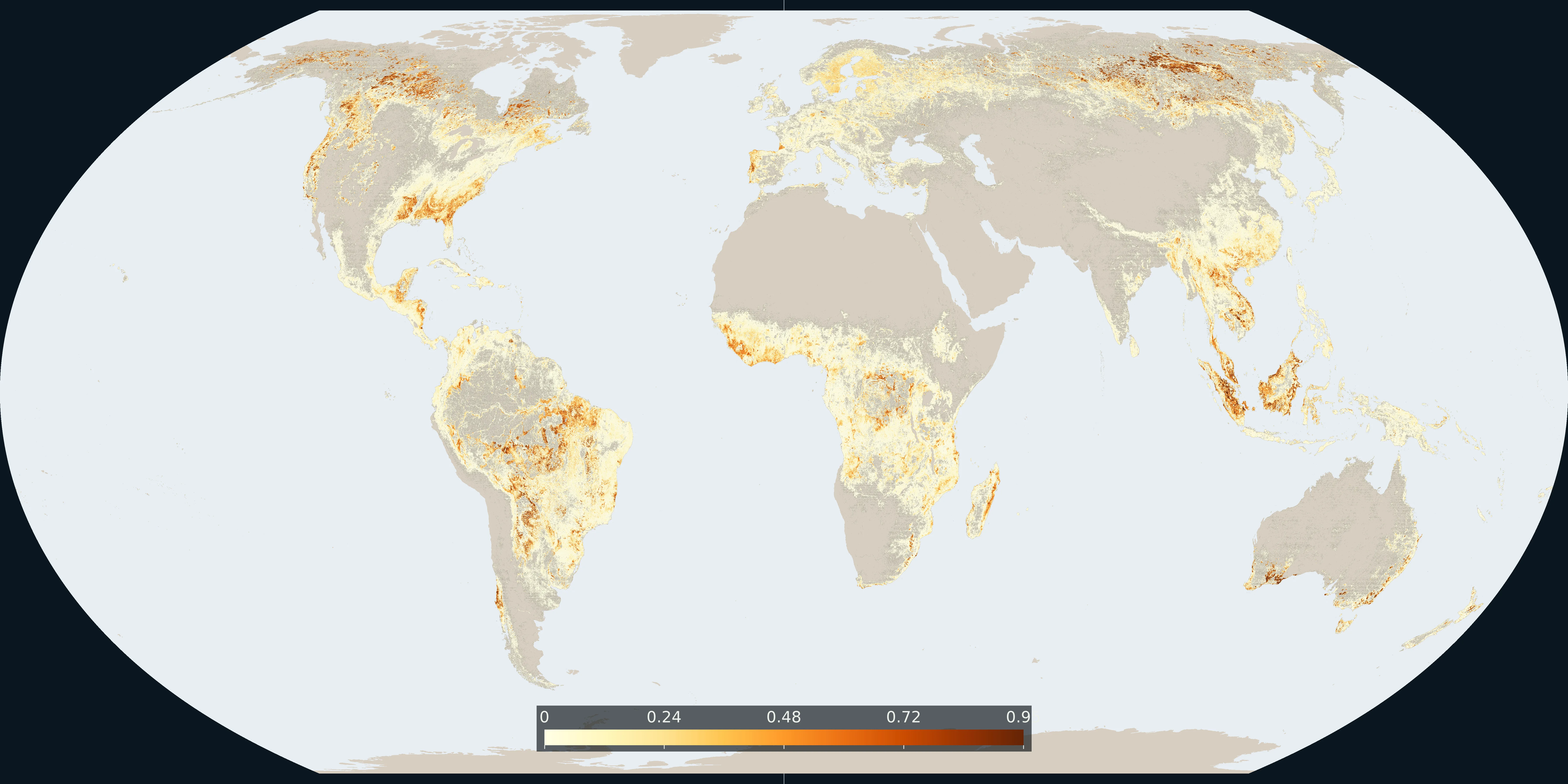 World map of the share of 30 m pixels with tree-cover loss from 2001 to 2024, darker where more of the cell was lost