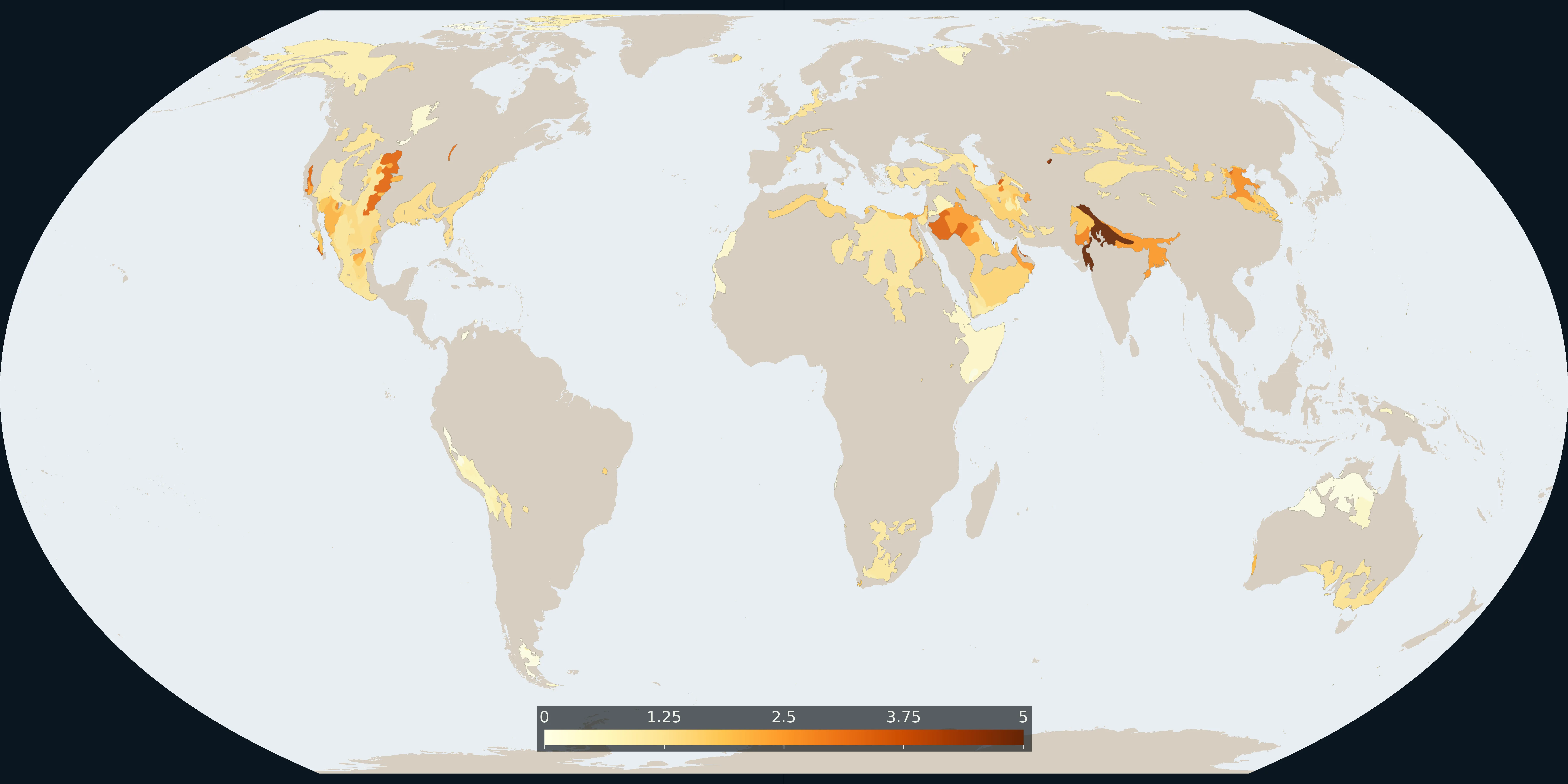 World map of Aqueduct 4.0 groundwater table decline scores, darker where the modelled water table is falling, grey where the baseline layer has no score