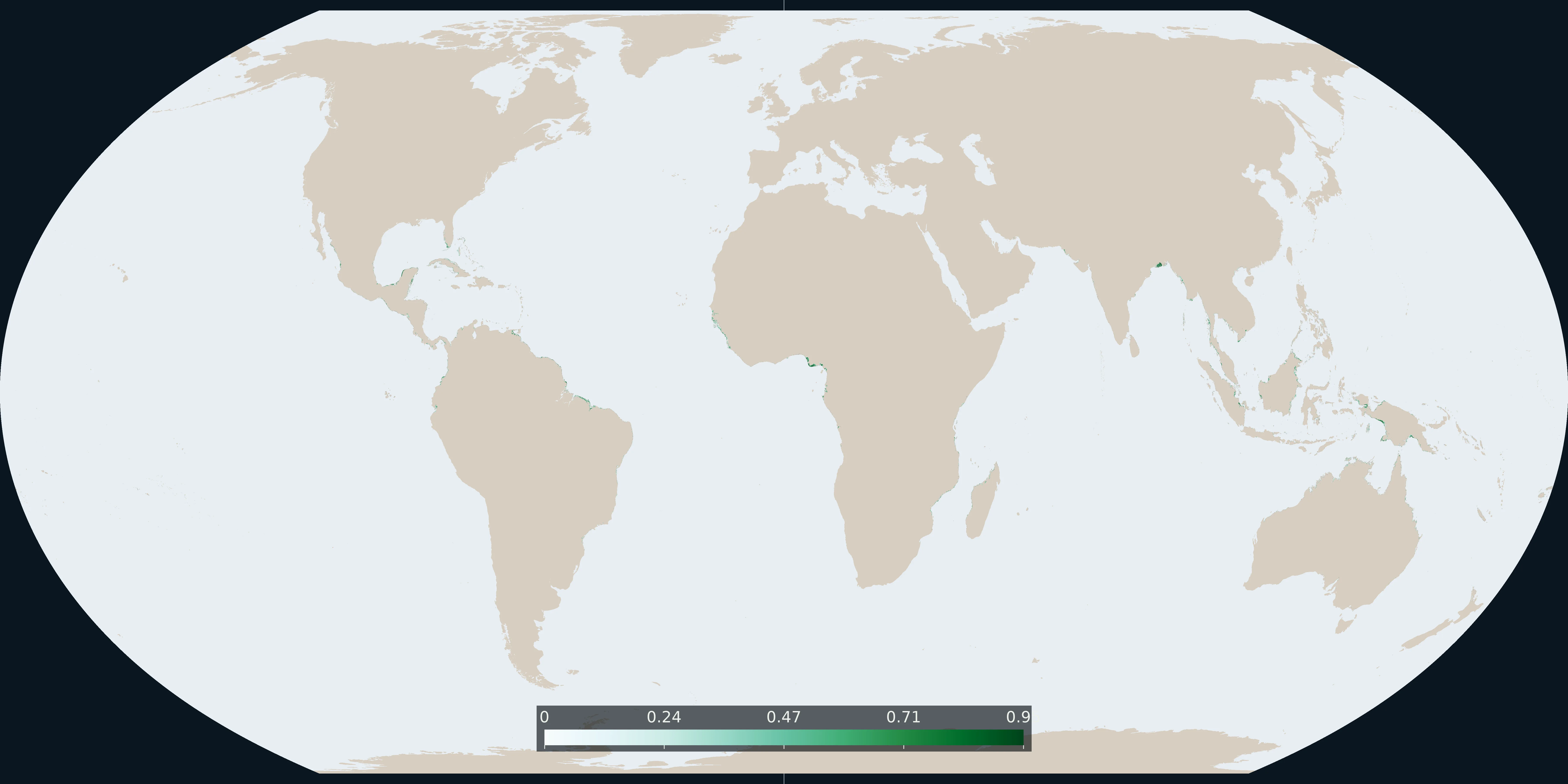 World map of Global Mangrove Watch v3 mangrove extent in 2020, a dark-green fringe along tropical coasts