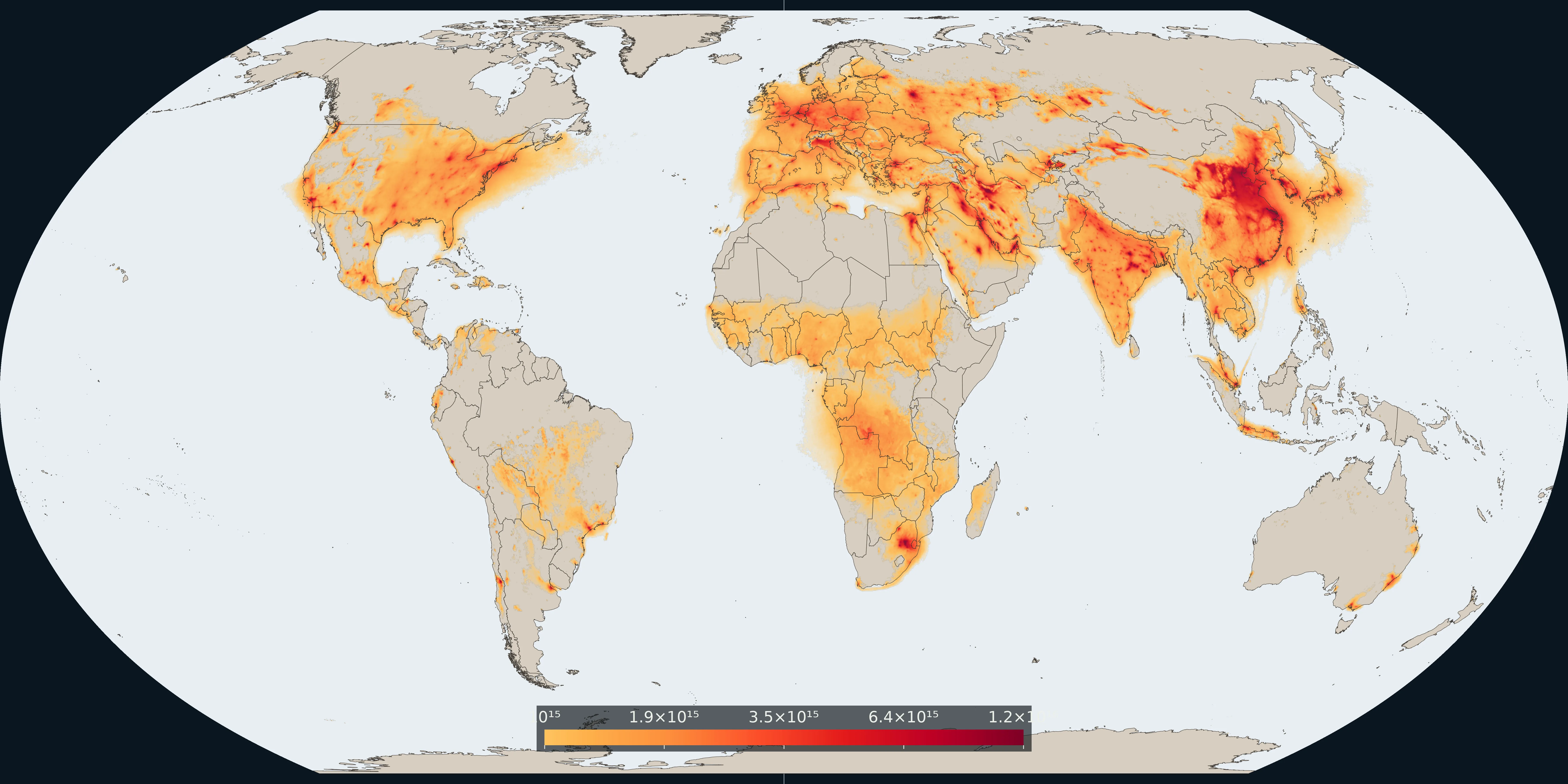 Fix Planet overview of the 2024 annual mean tropospheric nitrogen dioxide: orange and deep-red columns over cities, industry, and shipping lanes on the base map, not a PM2.5 choropleth and not an ESA still
