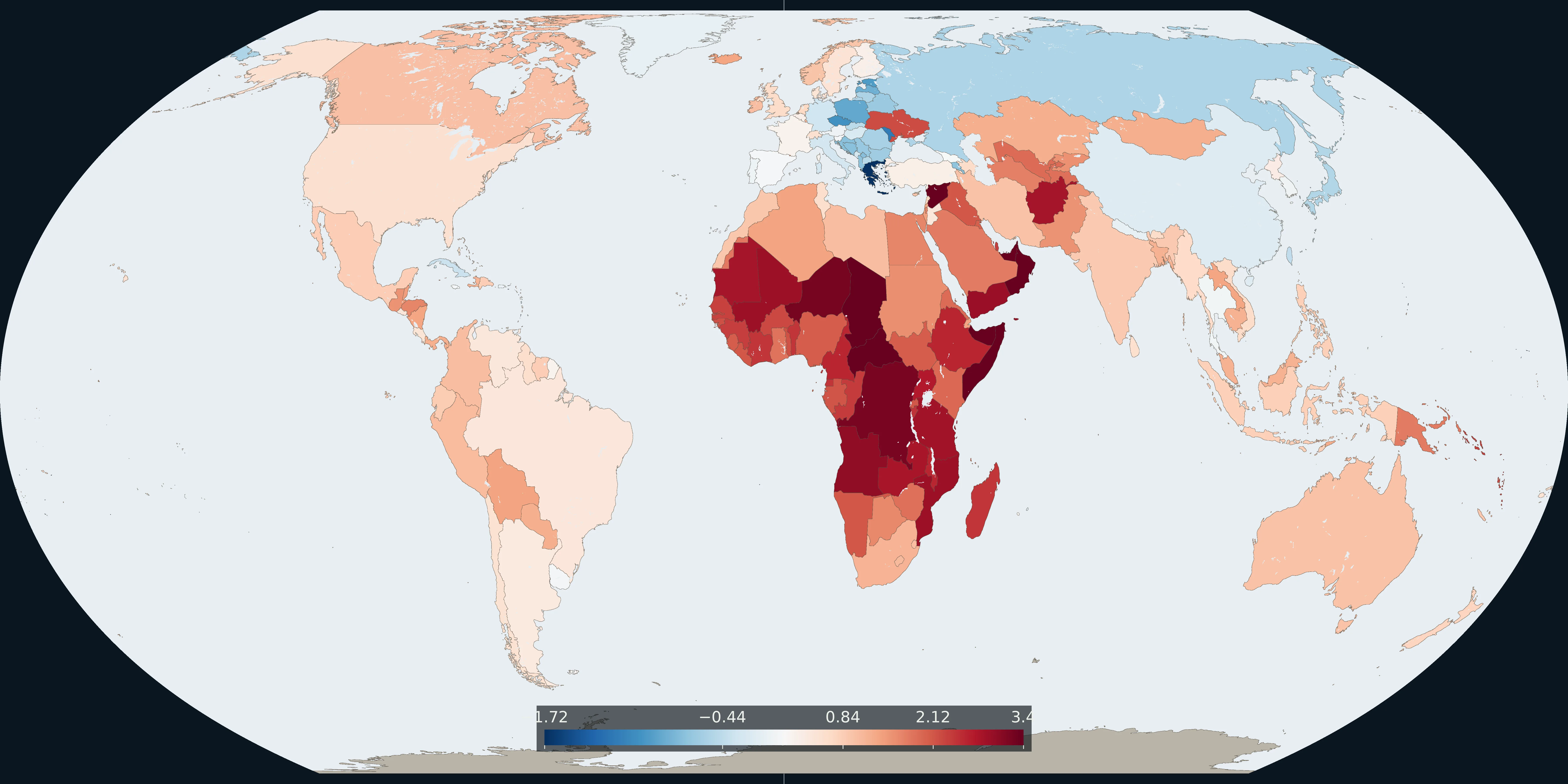 Equal Earth choropleth of the 2024 UN population growth rate, blue for decline and red for growth, with a numeric colour bar