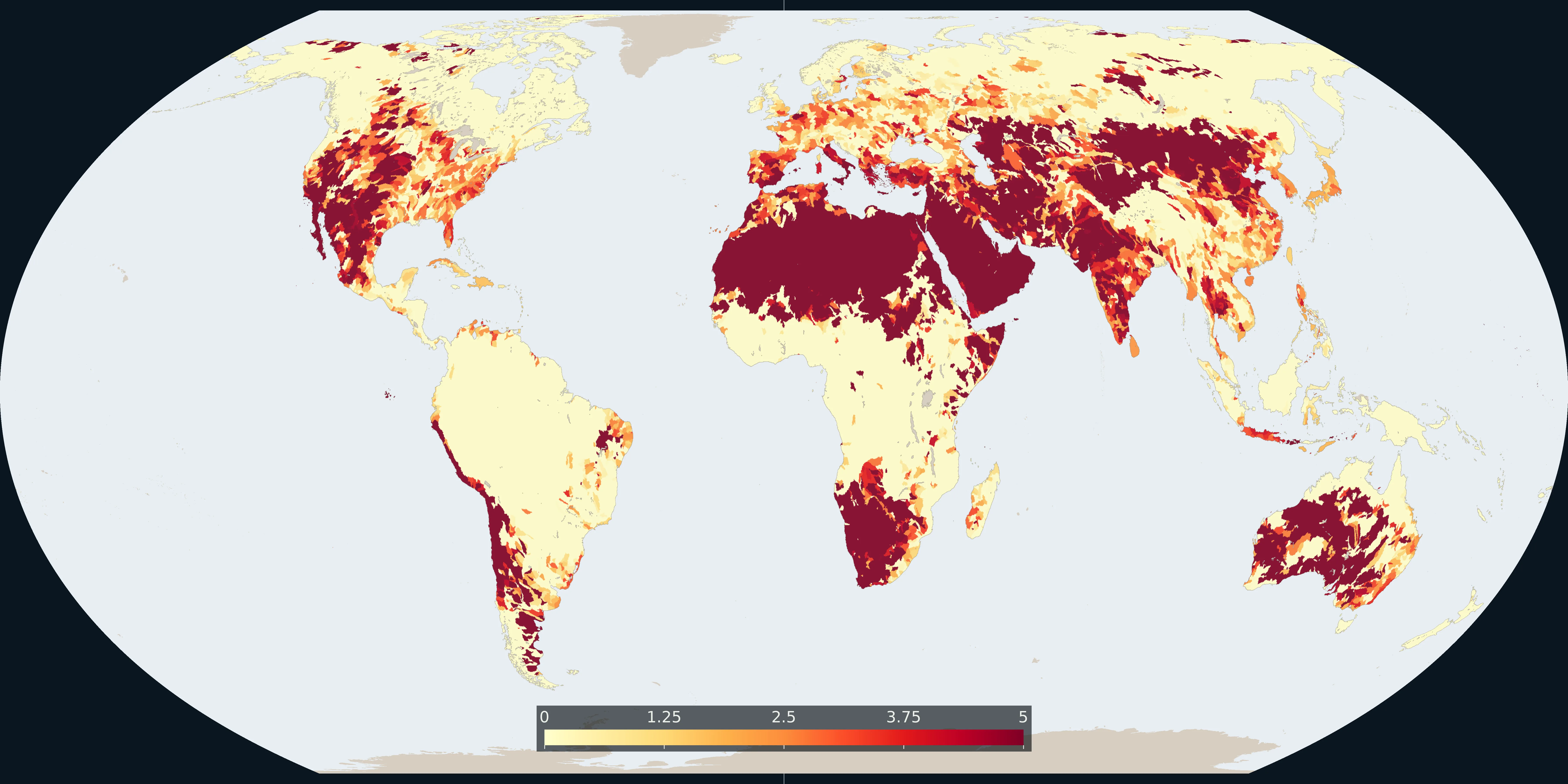 World map of Aqueduct 4.0 baseline water stress scores, from low scores in pale yellow to high scores in red across dry and heavily used basins