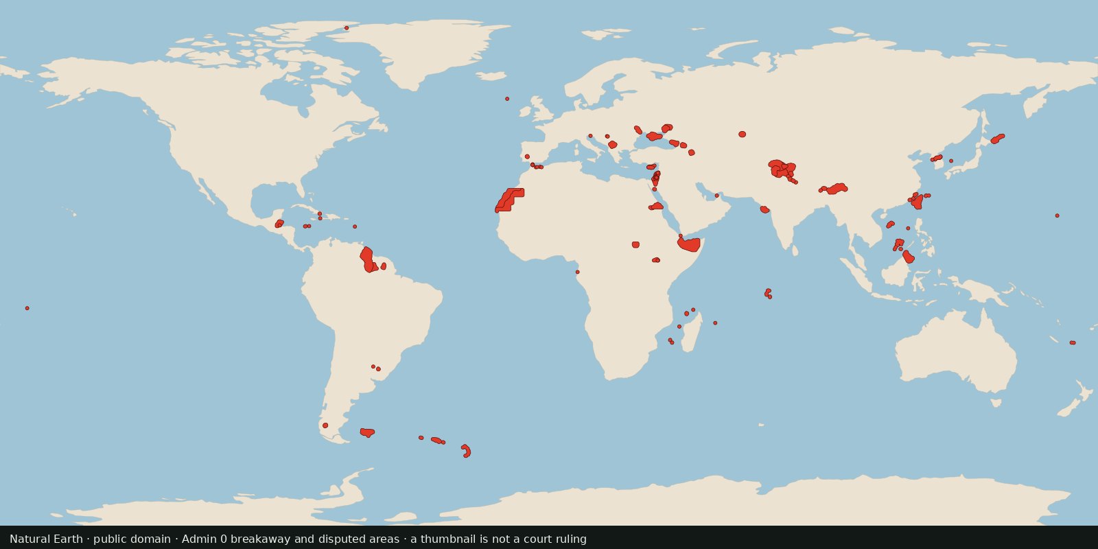 World map with cream land and light-blue ocean; coral polygons mark only the Natural Earth breakaway and disputed areas, not a second country fill and not a court ruling