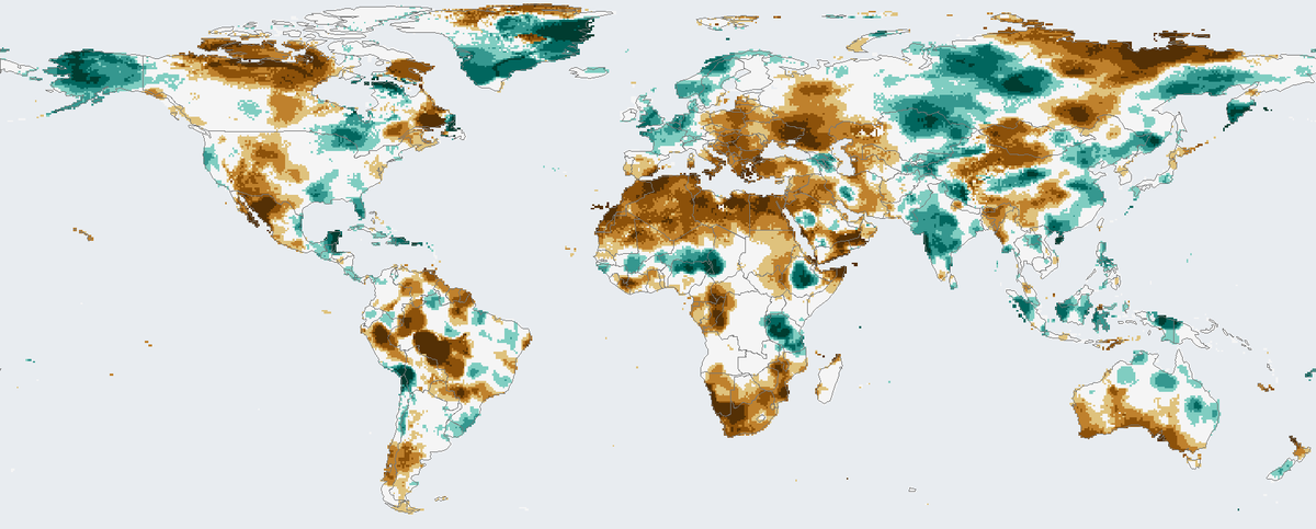 World map of the 12-month drought index for December 2024. Drier than usual land is brown, wetter than usual land is teal, and the ocean is light grey-blue.