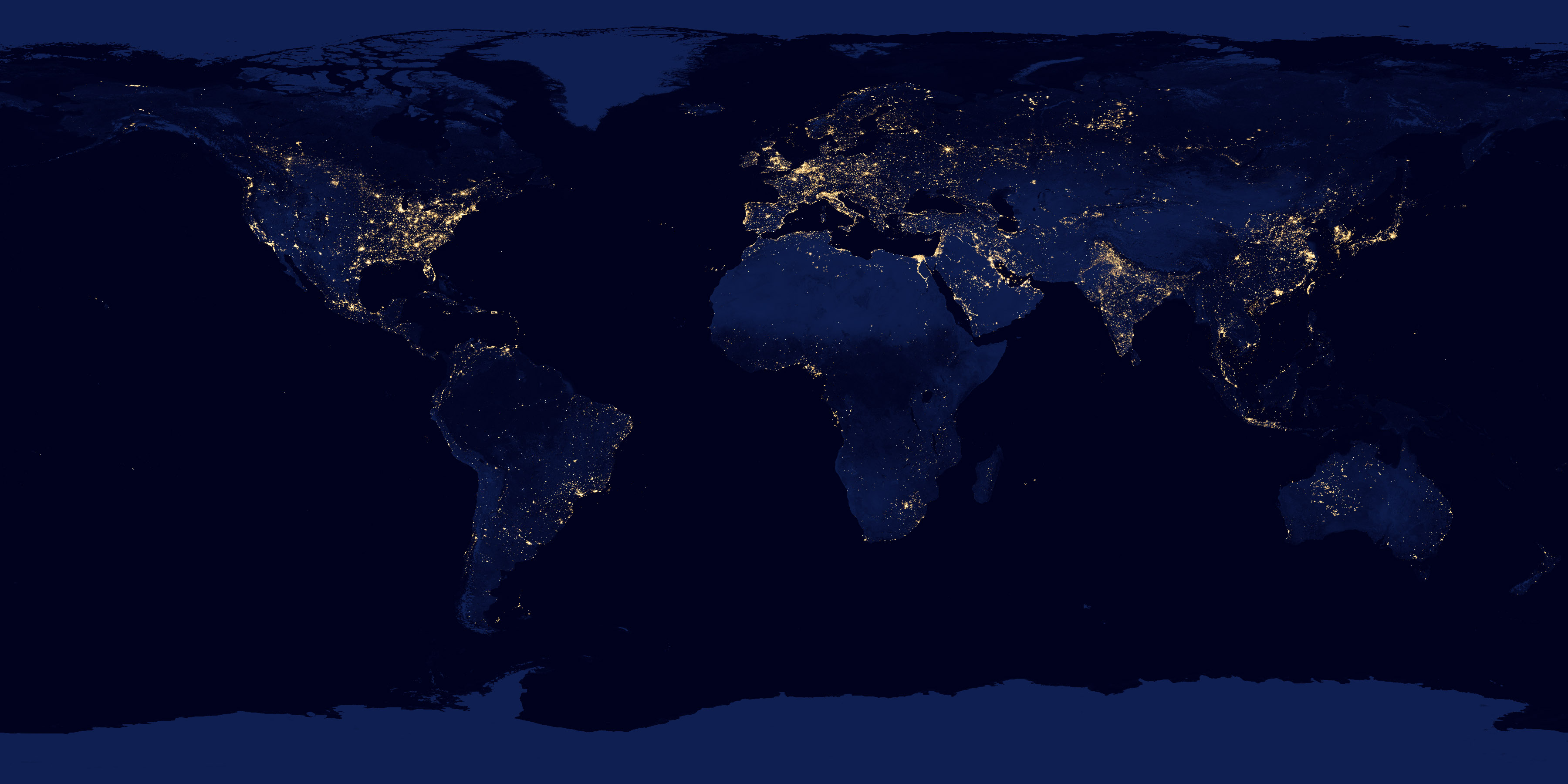NASA 2012 night-lights map of Earth: city lights on dark land and black oceans, no borders or labels