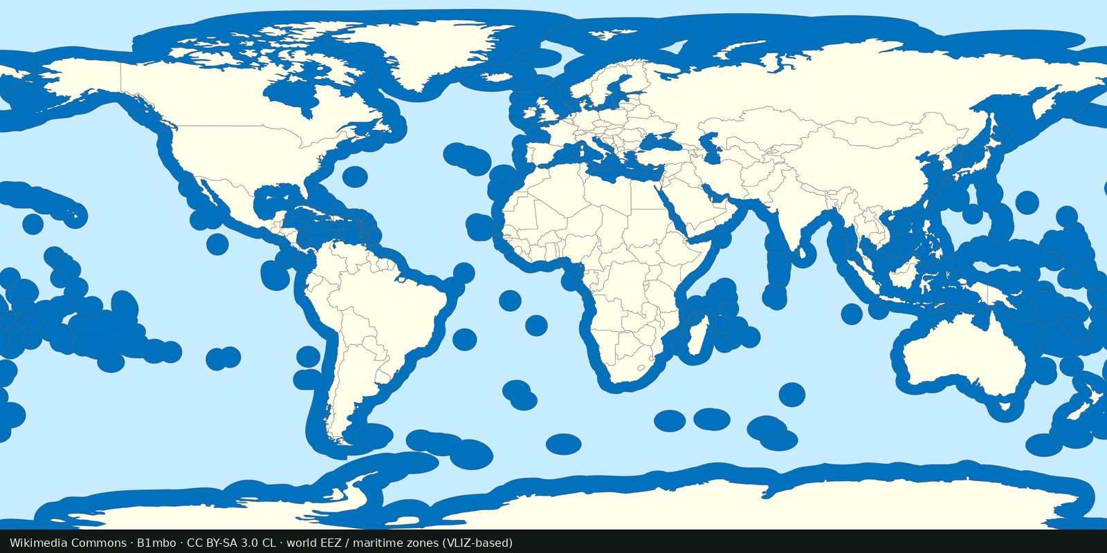 World outline with a dark-blue maritime band around coasts and islands, exclusive economic zones, not land borders